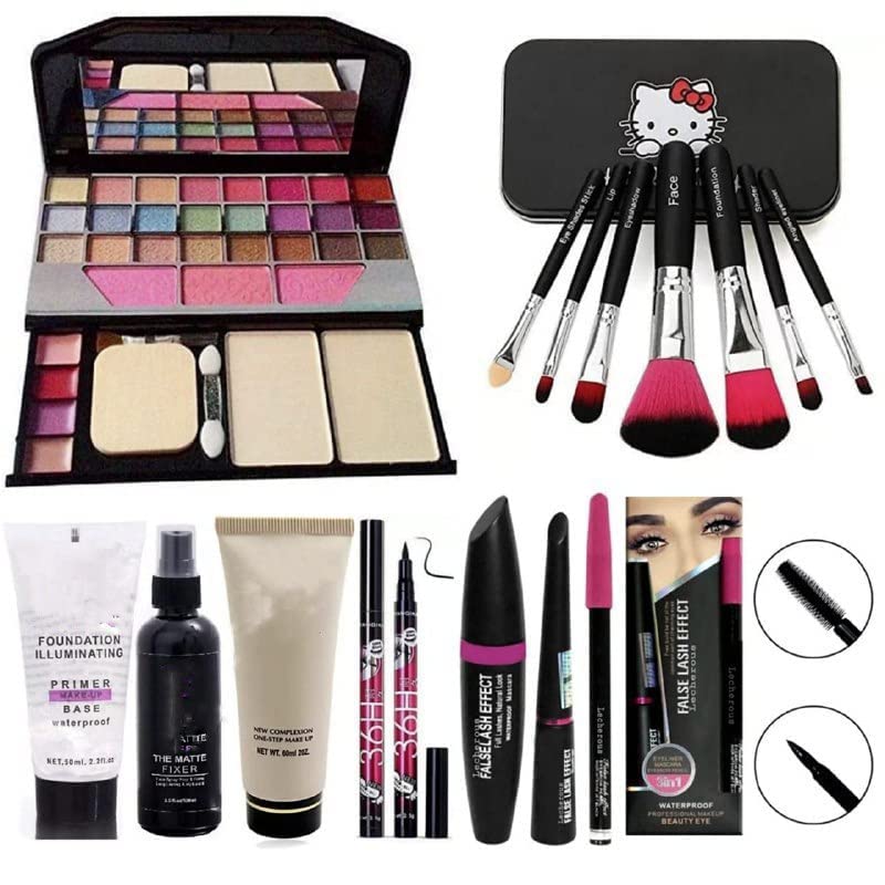 Women's & Girls' Tya 6155 Multicolor Makeup Kit - 7 Black Makeup Brushes, Matte Fixer, Primer, Foundation, 36H Eyeliner, 3-in-1 Mascara - Perfect for Daily Makeup, Parties & Special Occasions (Pack of 15)