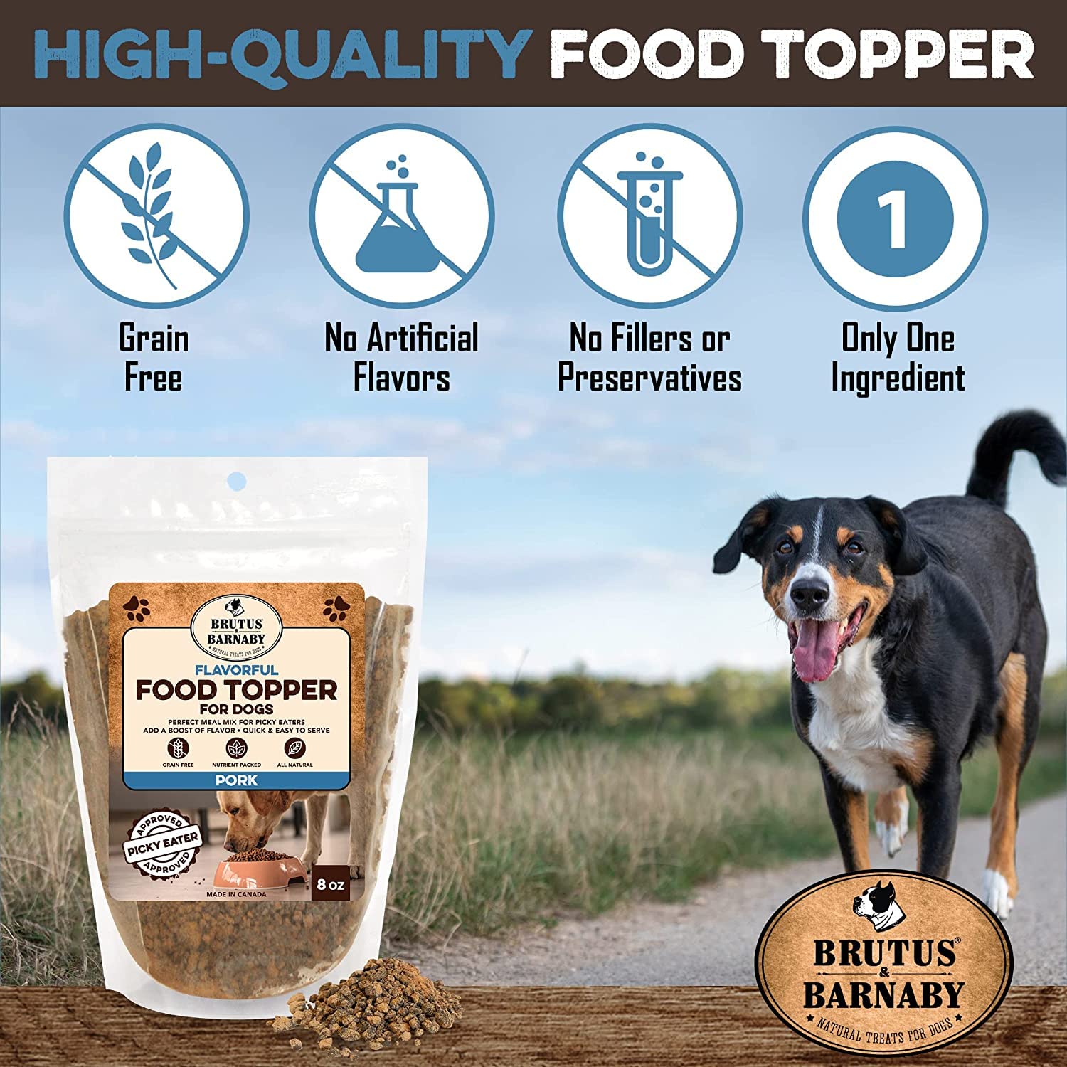 BRUTUS & BARNABY Natural Pork Dog Food Topper - Single Ingredient Bacon Flavor Enhancer for Picky Eaters - Sprinkle on Kibble to Boost Appetite & Nutrition - Perfect for Mealtime, Training Treats & Senior Dogs