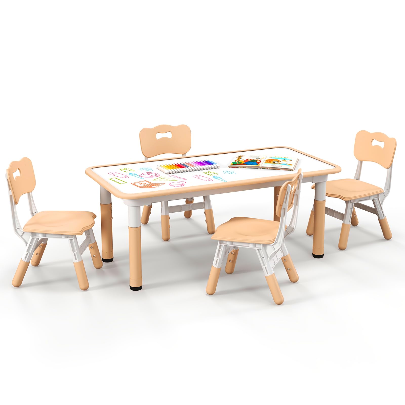 KOTEK Adjustable Kids Table and Chair Set of 4 - Children's Activity & Play Table with Graffiti-Proof Desktop - Toddler Furniture for Playroom, Home, Daycare & Preschool - Supports 220lbs (Natural) - Perfect for Arts & Crafts, Snack Time & Learning Activities