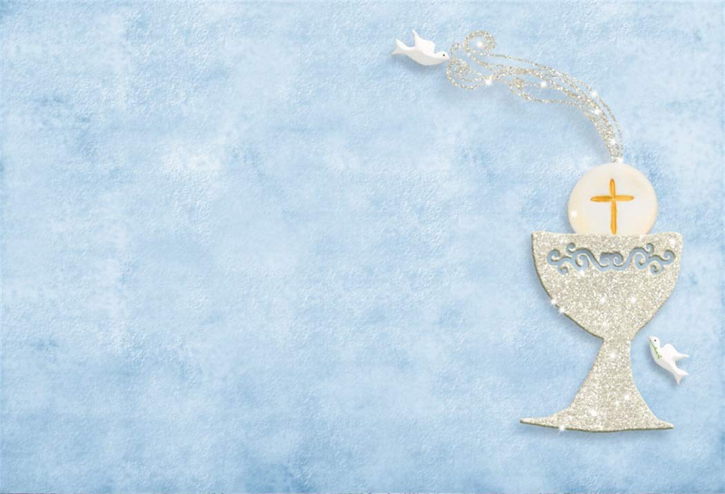 10x8ft Polyester Baptism Backdrop - First Holy Communion Rustic Blue & Silver Chalice with Golden Cross Photography Background for Newborn Christening, Party Decor, Photo Studio Props - Perfect for Church Events, Baby Baptisms & Religious Celebrations