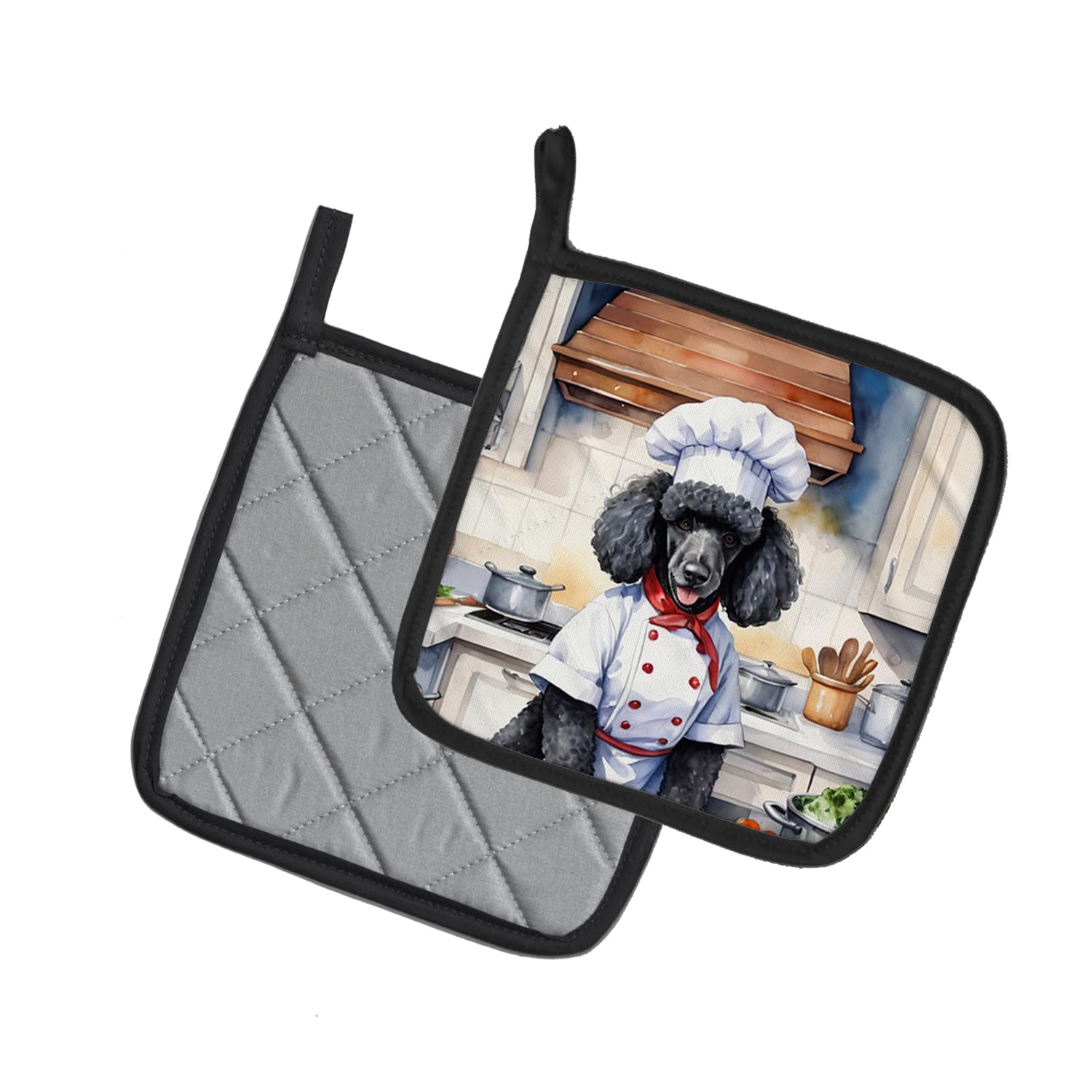 Black Poodle Chef Pot Holders Set - Heat Resistant Kitchen Oven Mitts for Cooking, Baking & BBQ (7.5