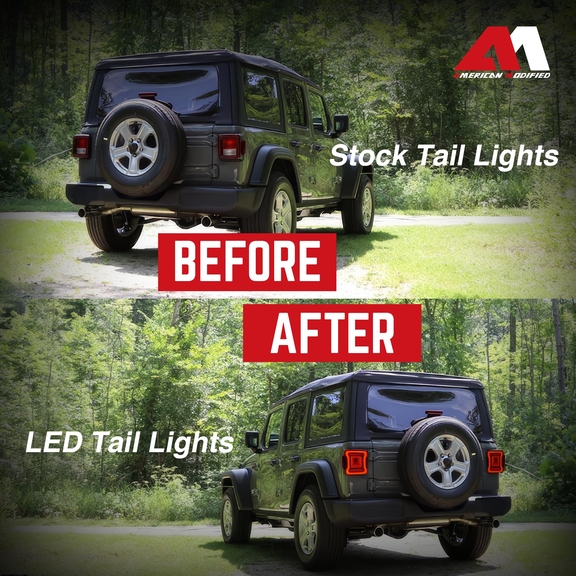 AMERICAN MODIFIED LED Tail Lights with 4 Signal Functions - Compatible with 2018-2023 Jeep Wrangler JL, Red Lens V2 - Perfect for Off-Roading & Night Driving