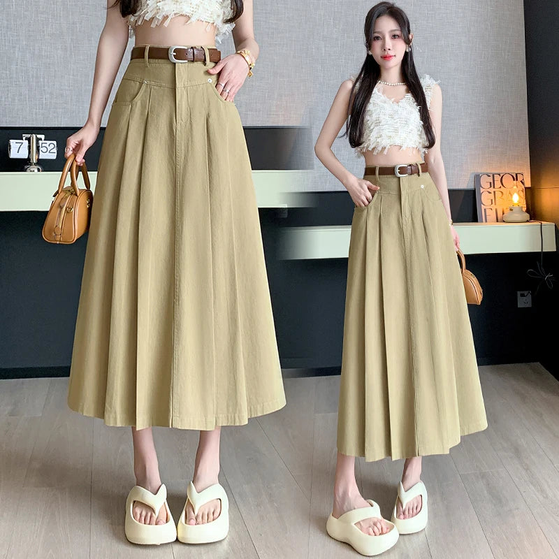2024 Women's Black & Beige Denim Long Skirt - High Waist Pleated A-Line Umbrella Jean Skirt for Spring Summer | Office Wear, Casual Outfits & Date Night Fashion