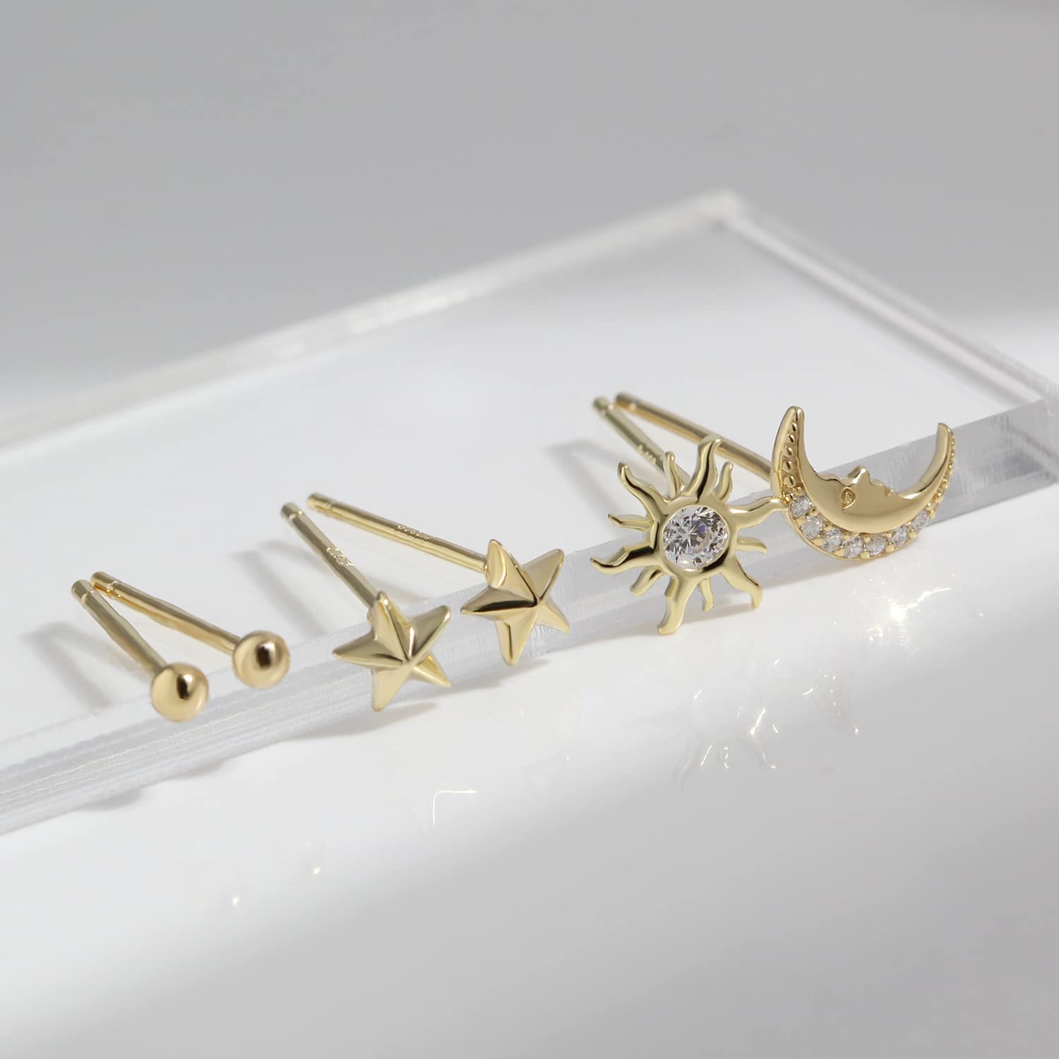 Hypoallergenic Sterling Silver Stud Earrings for Women - Cute Tiny Ball, Moon, Sun & Star Earring Set for Pierced Ears (Gold) | Perfect for Everyday Wear, Gift Giving & Special Occasions