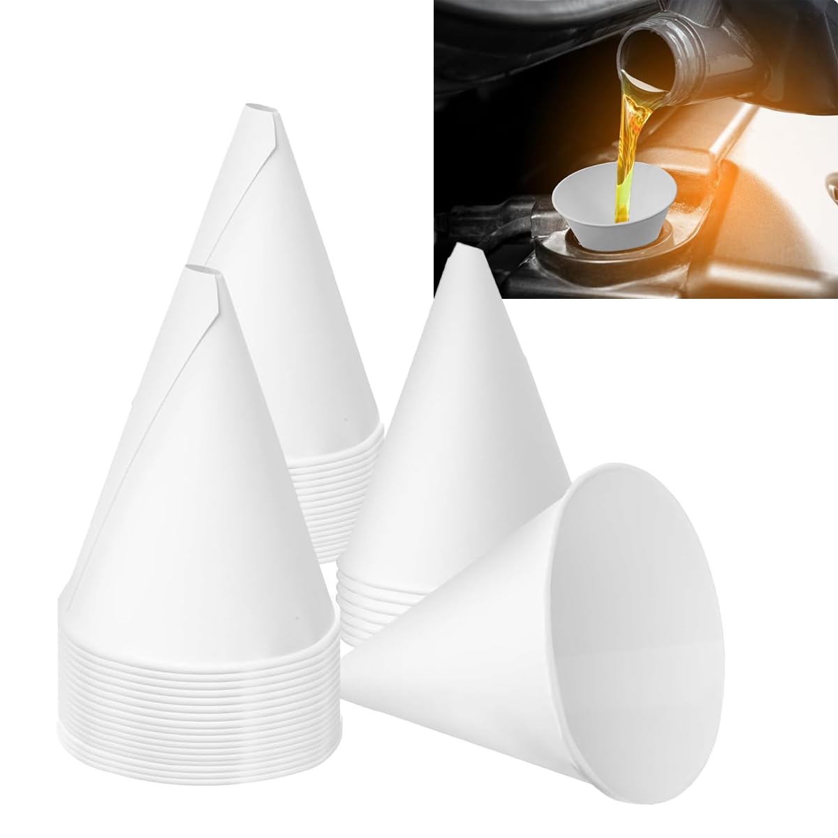 50 Pack Disposable Paper Oil Funnels 4.5oz - Foldable Motor Oil Funnel for Automotive, Engine & Liquids - Leak-Proof Flat Pack Design for Easy Storage & DIY Oil Changes