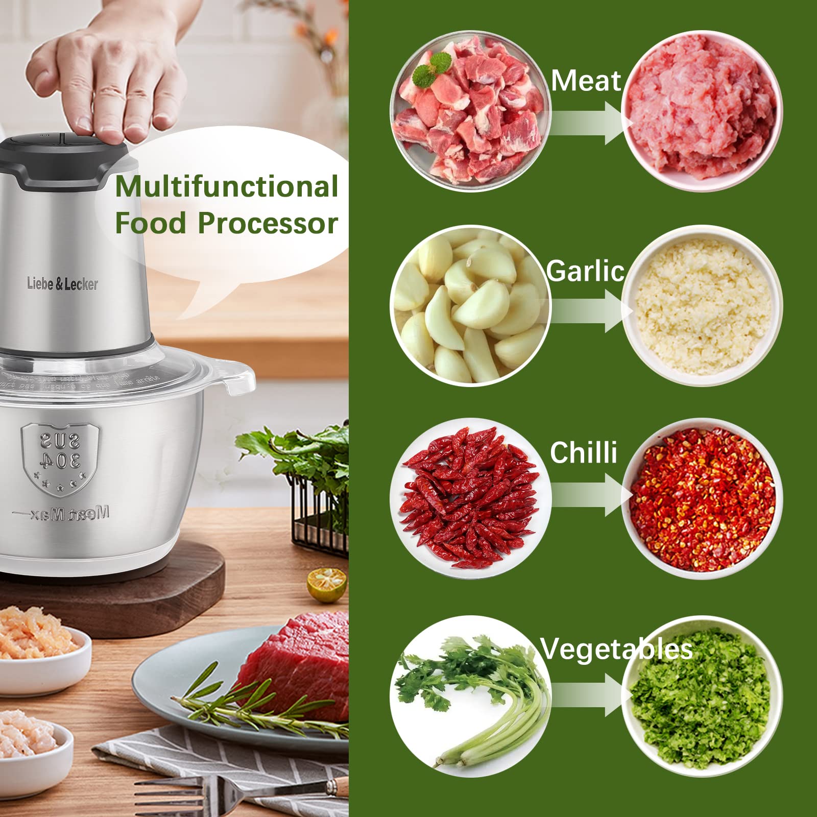 **Liebe&Lecker 350W Electric Food Processor & Meat Grinder – 8-Cup (1 Bowl) with 4 Sharp Blades, 2 Speeds – Perfect for Chopping Meat, Fruits, Vegetables, Baby Food & Nuts – Ideal for Meal Prep, Smoothies, Baking & Healthy Cooking**