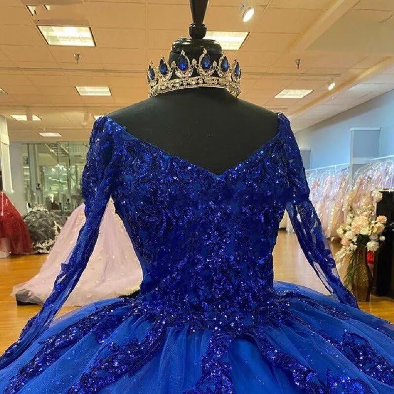2025 V-Neck Sequined Tulle Quinceañera Dress with Long Sleeves - Elegant Ball Gown Puffy Prom Evening Dress for Women - Perfect for Sweet 16, Quinceañera, Prom & Formal Events