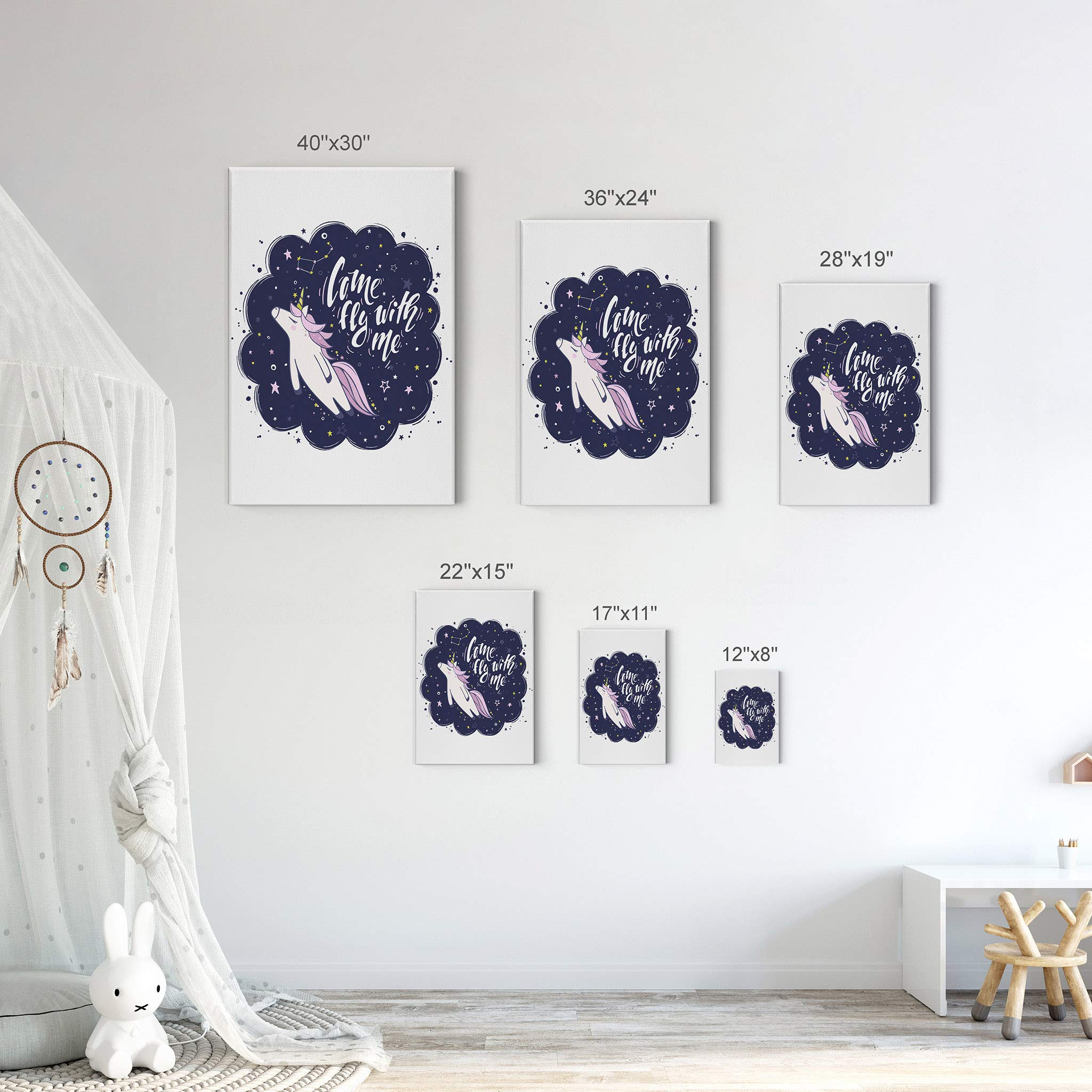 Come Fly With Me Quote Unicorn Wall Art - 12x8 Inch Canvas Print for Kids Room, Nursery & Baby Room Decor - Ready to Hang USA-Made Gift for Birthday & Baby Shower (Perfect for Girls' Bedroom & Playroom Wall Decoration)