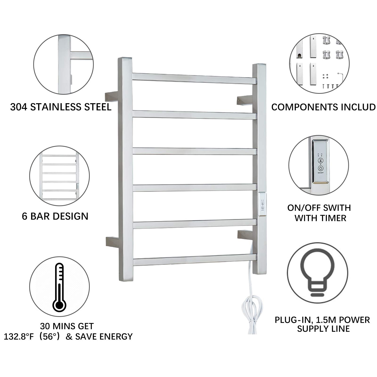 FUREX 6-Bar Electric Heated Towel Warmer Rack - Wall Mount Plug-in Bathroom Towel Heater with Timer (Mirror Polish) - Perfect for Bathroom, Spa, and Luxury Home Warming Solution