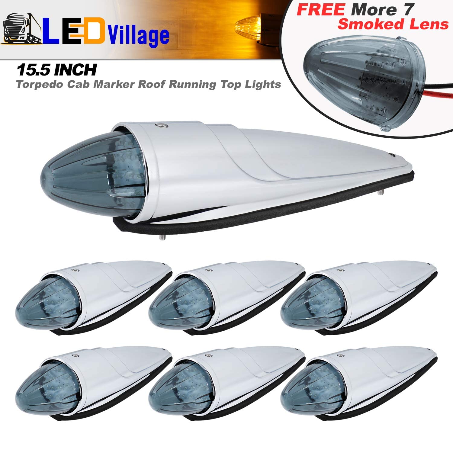 7X Smoked Lens Amber LED Cab Marker Roof Light with Chrome Base - Universal Fit for Pickup Trucks, Trailers & Mack Vehicles - 12V DC Waterproof Clearance Lamps (Great for Night Driving, Off-Roading & Heavy-Duty Trucking)