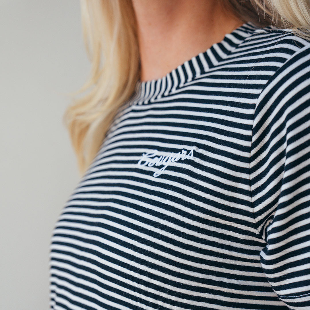 BYU Boyfriend T-Shirt - Black and Ivory Striped Cotton Tee for Women - Casual Loungewear & Everyday Outfits
