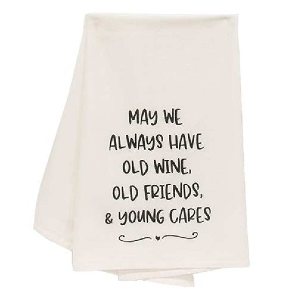 May We Always Have Old Wine Old Friends Dish Towel - Vintage Inspired Kitchen Towel for Wine Lovers - Perfect for Hosting, Gifts & Farmhouse Decor