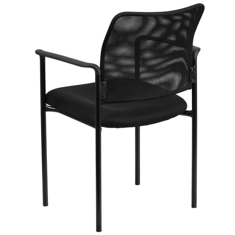 BOWERY HILL Black Mesh Stacking Side Arm Chair - Modern Outdoor Patio Dining & Poolside Seating Furniture