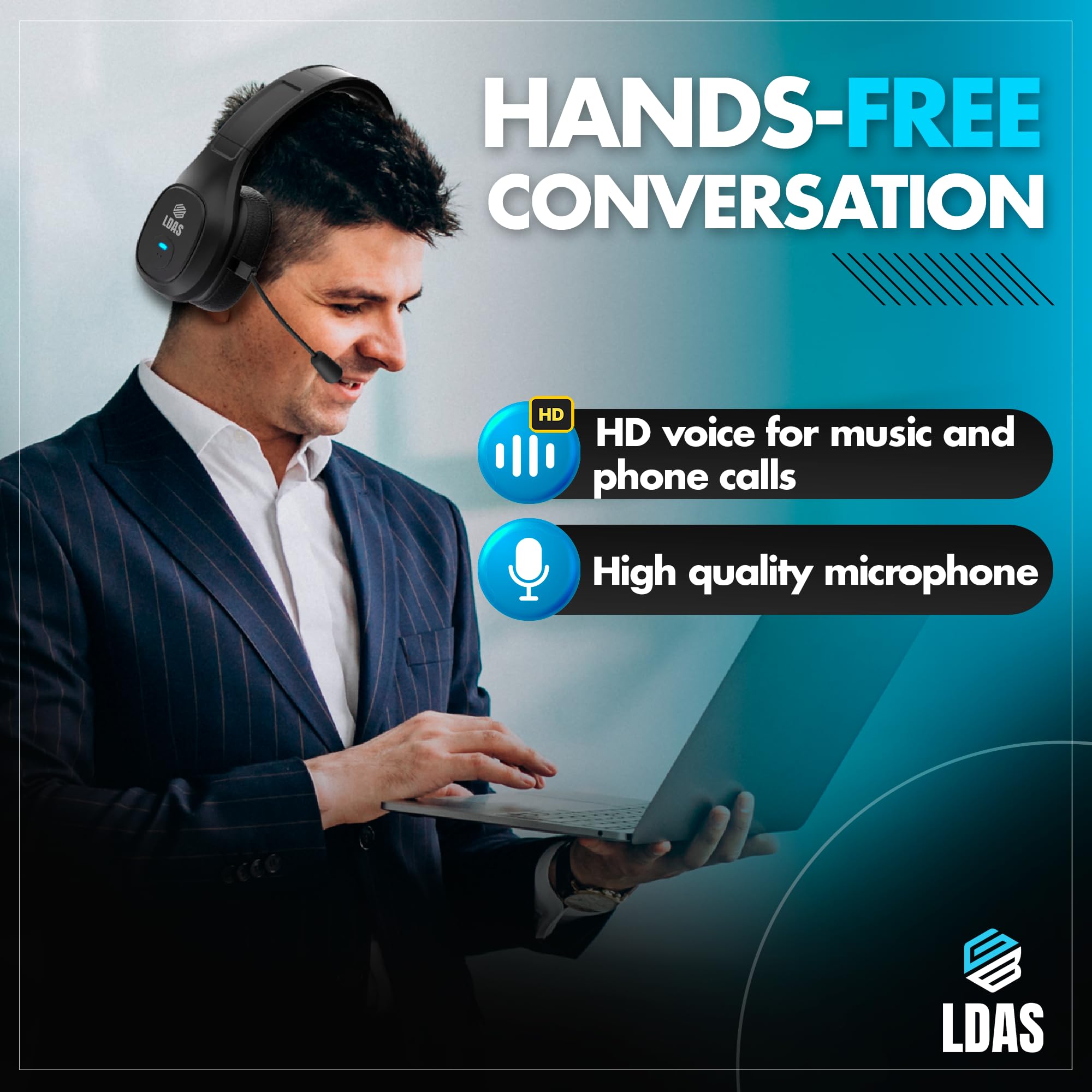 LDAS Trucker Bluetooth Headset V5.2 - Wireless Over-Ear Headphones with Mute Button & AI Noise Cancellation for Phone Calls | Compatible with Cell Phones, Computers & Home Office | Includes Charger | Perfect for Truck Drivers, Remote Work & Online Meetings