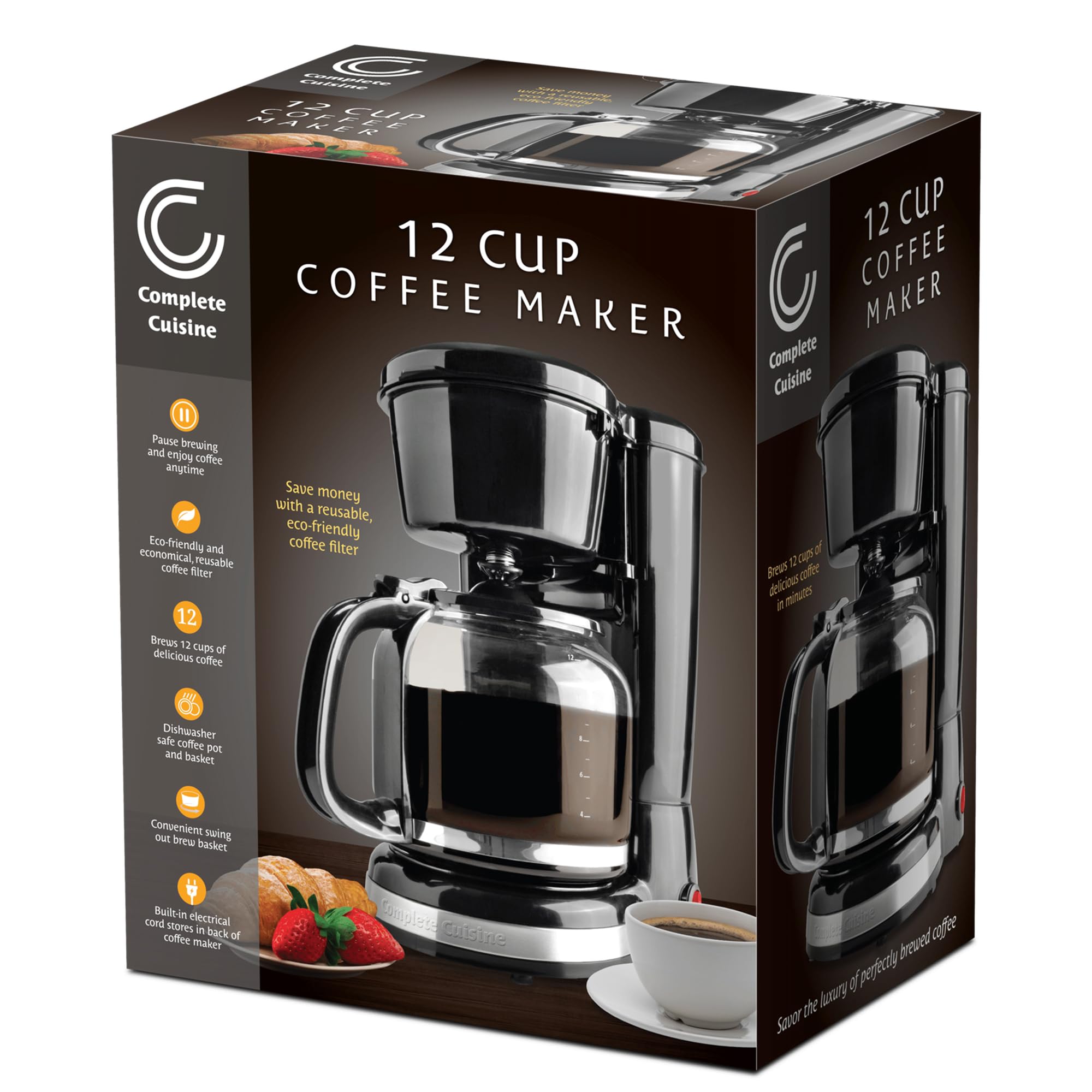 12-Cup Stainless Steel Coffee Maker with Glass Carafe - Perfect for Home & Office