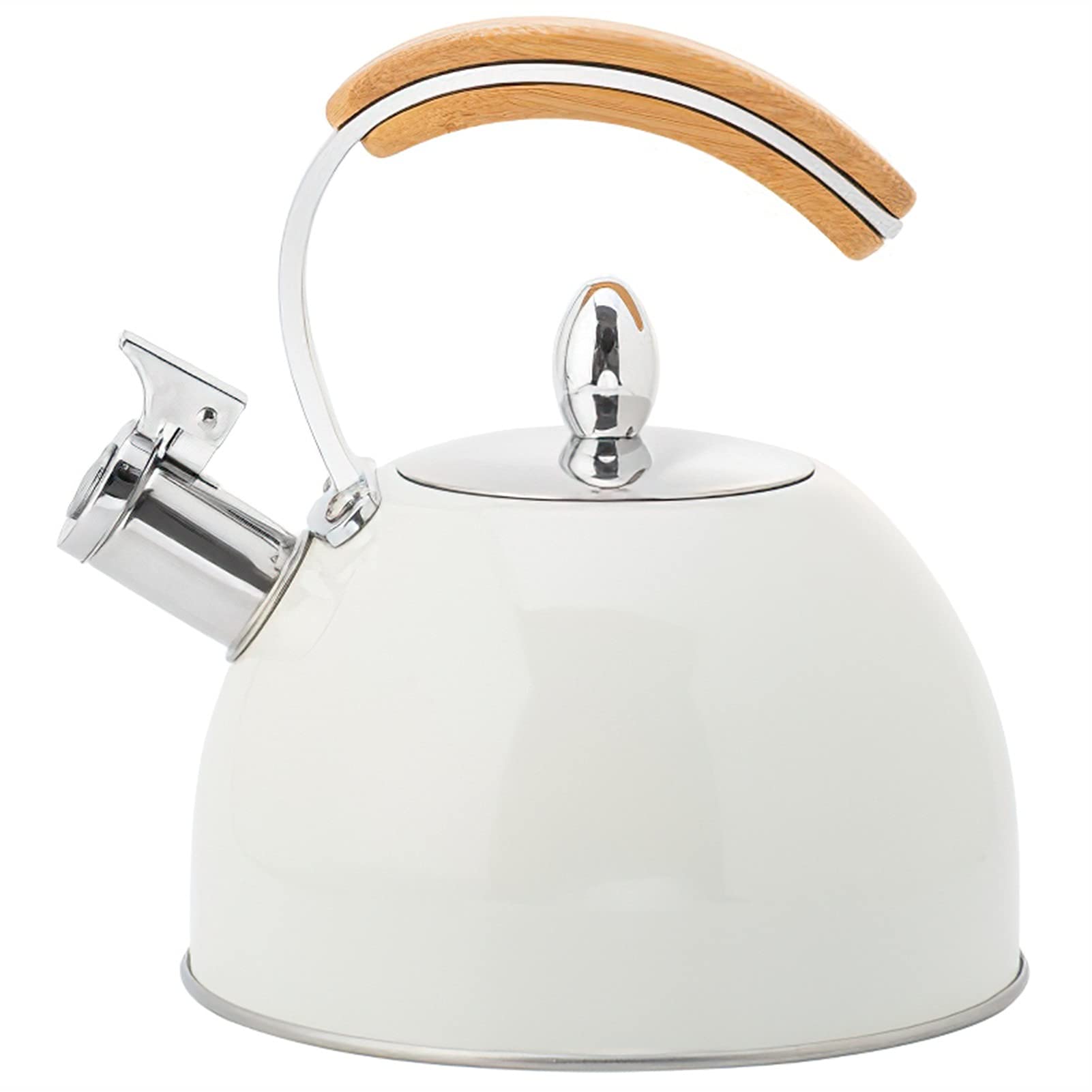 Stainless Steel Tea Kettle with Wooden Handle - 3L Whistling Stovetop Teapot for Induction Cooktops - Perfect for Home Kitchen, Tea Brewing & Gift Giving (White)