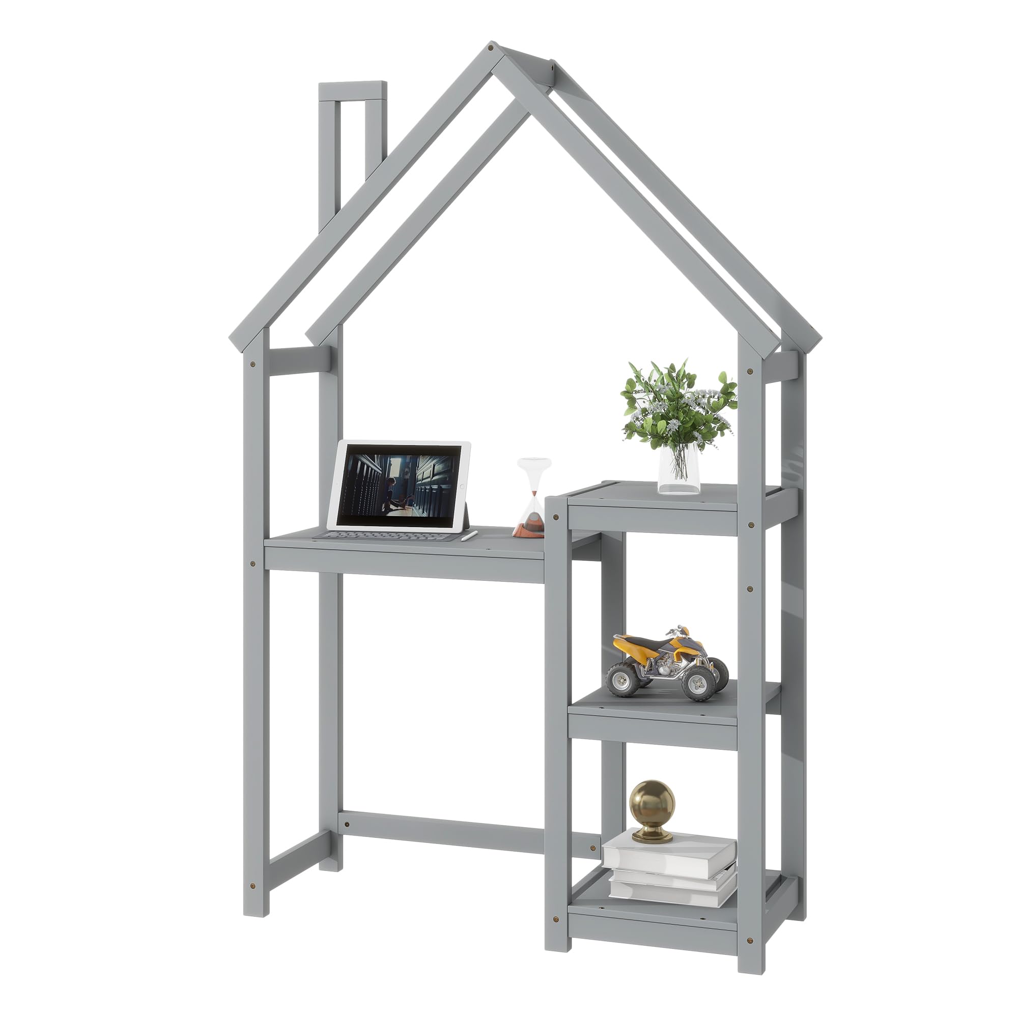Kids Wooden House-Shaped Writing Desk - Multi-Functional Study Table with 3-Tier Storage Shelves, Open Bookshelf & Toy Organizer - Stylish Grey Roof Design for Bedroom, Playroom or Homeschooling