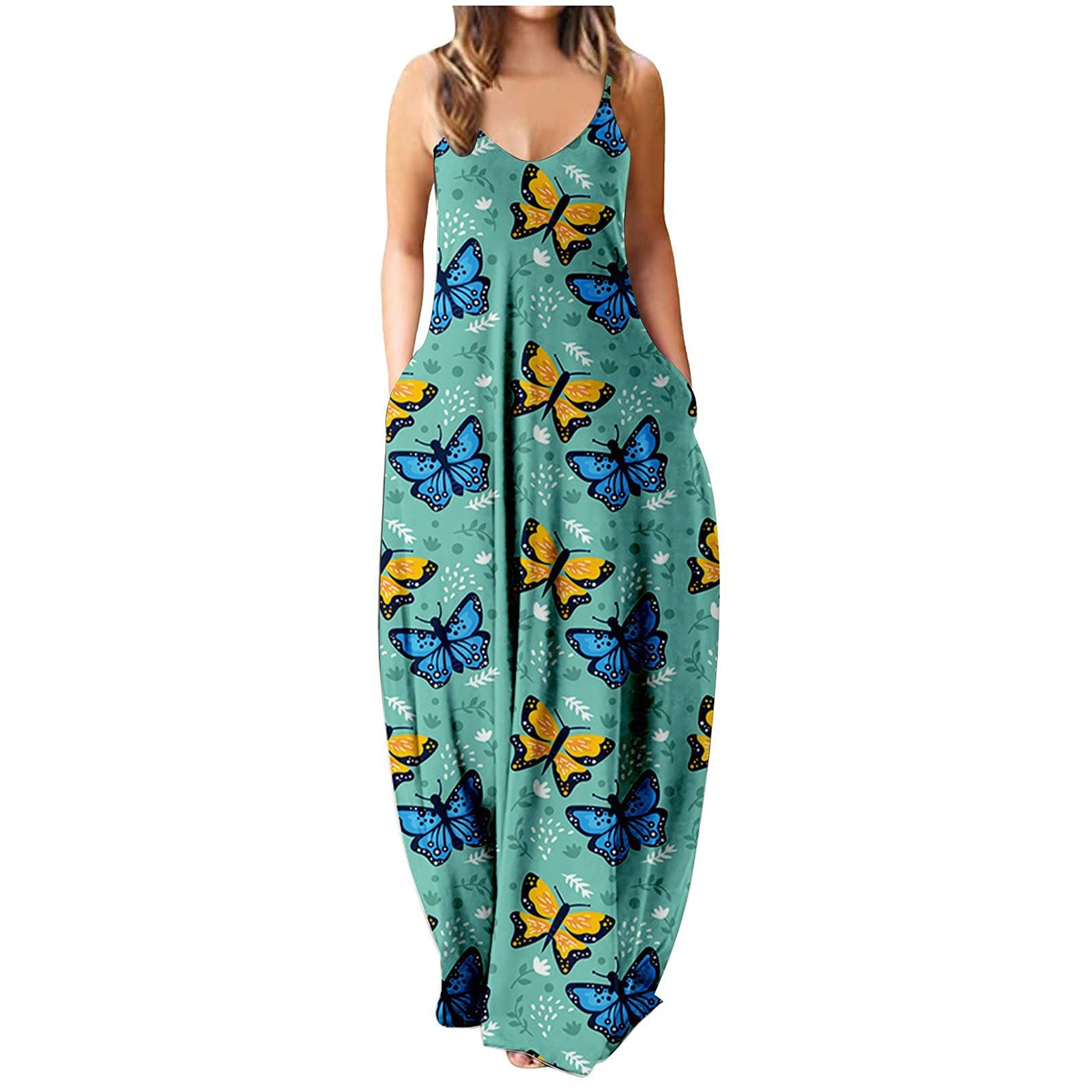 iQKA Women's Maxi Dress - Colorful Long Sleeveless V-Neck Tunic Dress with Pockets | Summer Casual Beach Dress, Vacation Outfit, Boho Chic Style