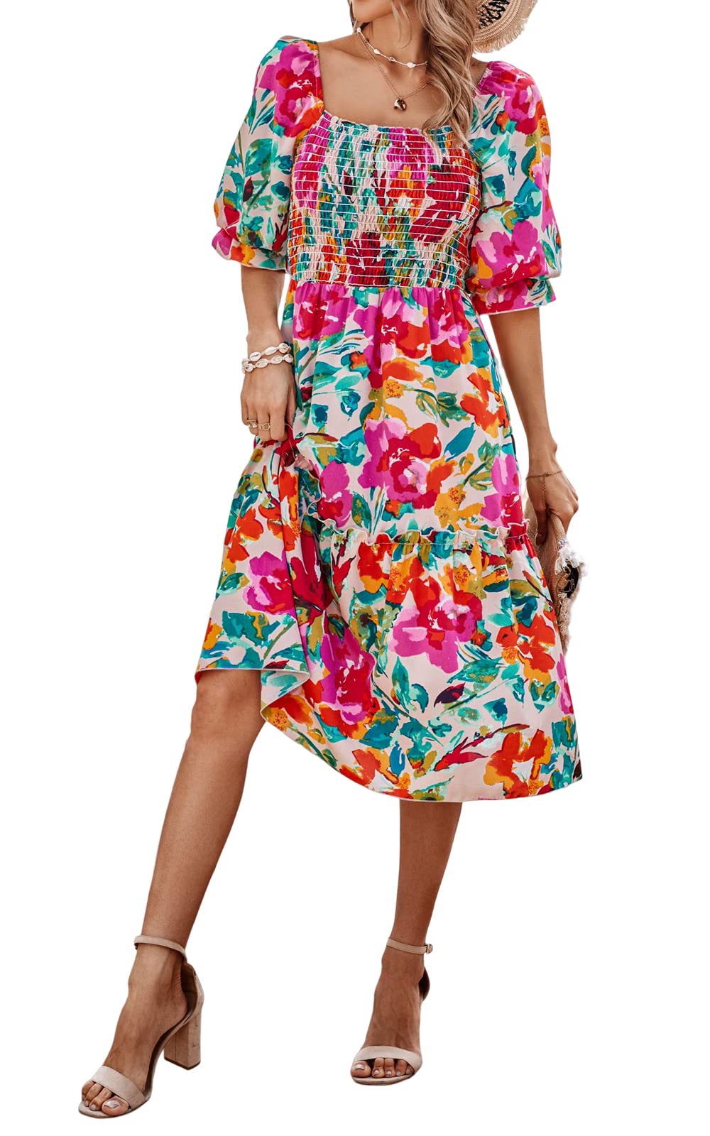PRETTYGARDEN Women's Summer Casual Dress 2025 - Puff Sleeve Square Neck A-Line Flowy Boho Floral Smocked Midi Dress for Beach, Vacation & Spring Outfits