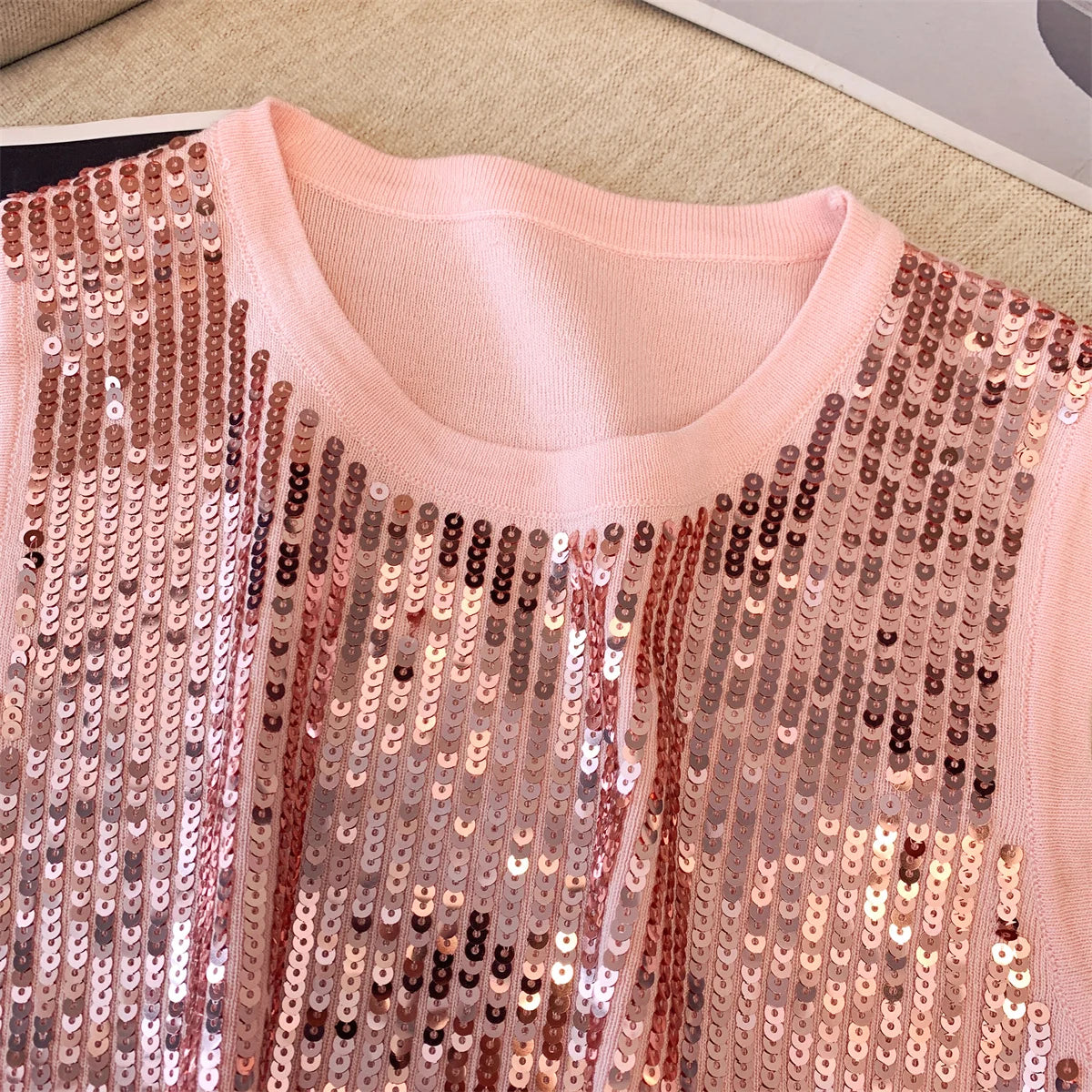 Elegant Black & Beige Sequin Knitted Sleeveless Top for Women - 2024 Summer Retro Y2K Fashion Vest | Perfect for Vacation, Parties & Night Out