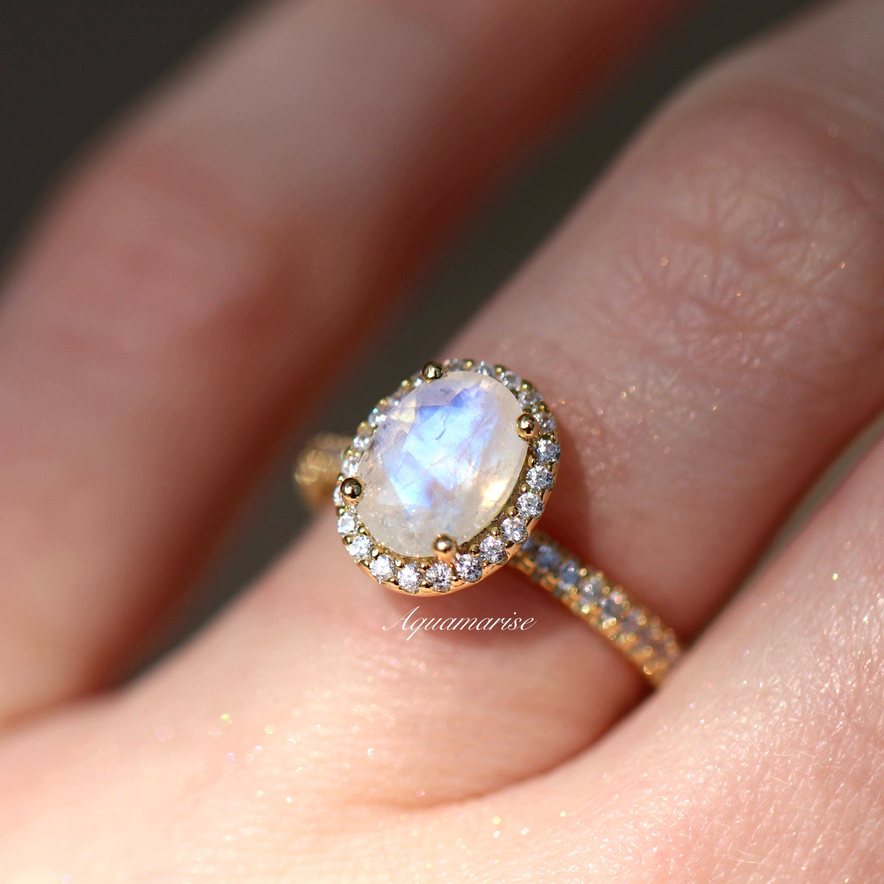 14K Solid Yellow Gold Iris Oval Moonstone Engagement Ring - Elegant Wedding & Promise Ring for Women, Perfect for Proposals, Anniversaries, and Special Occasions