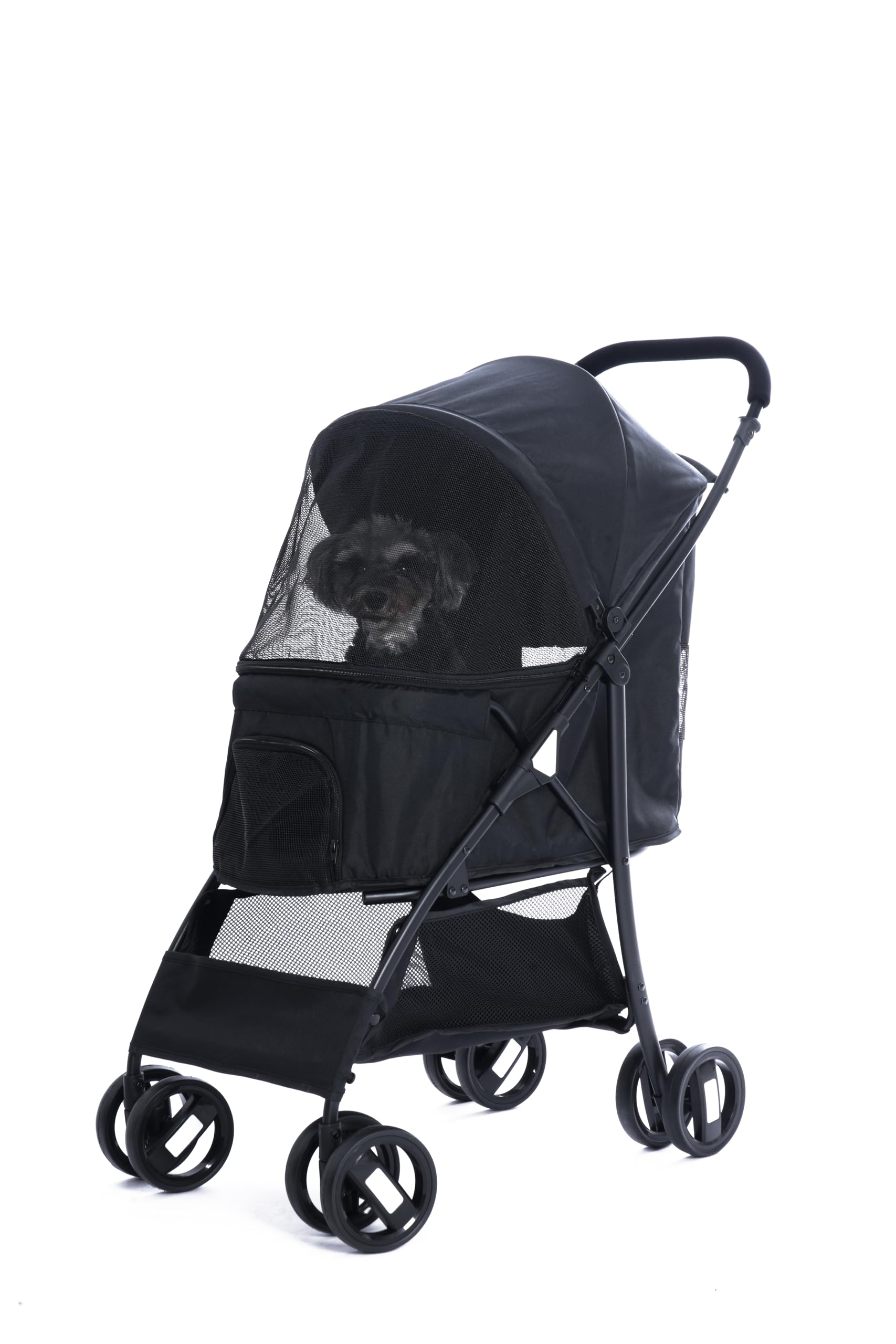 Foldable Jogger Pet Stroller with Weather Cover & Storage Basket - Lightweight Travel Carrier for Small/Medium Dogs & Cats up to 50lbs (Black) - Perfect for Park Walks, Vet Visits & Outdoor Adventures