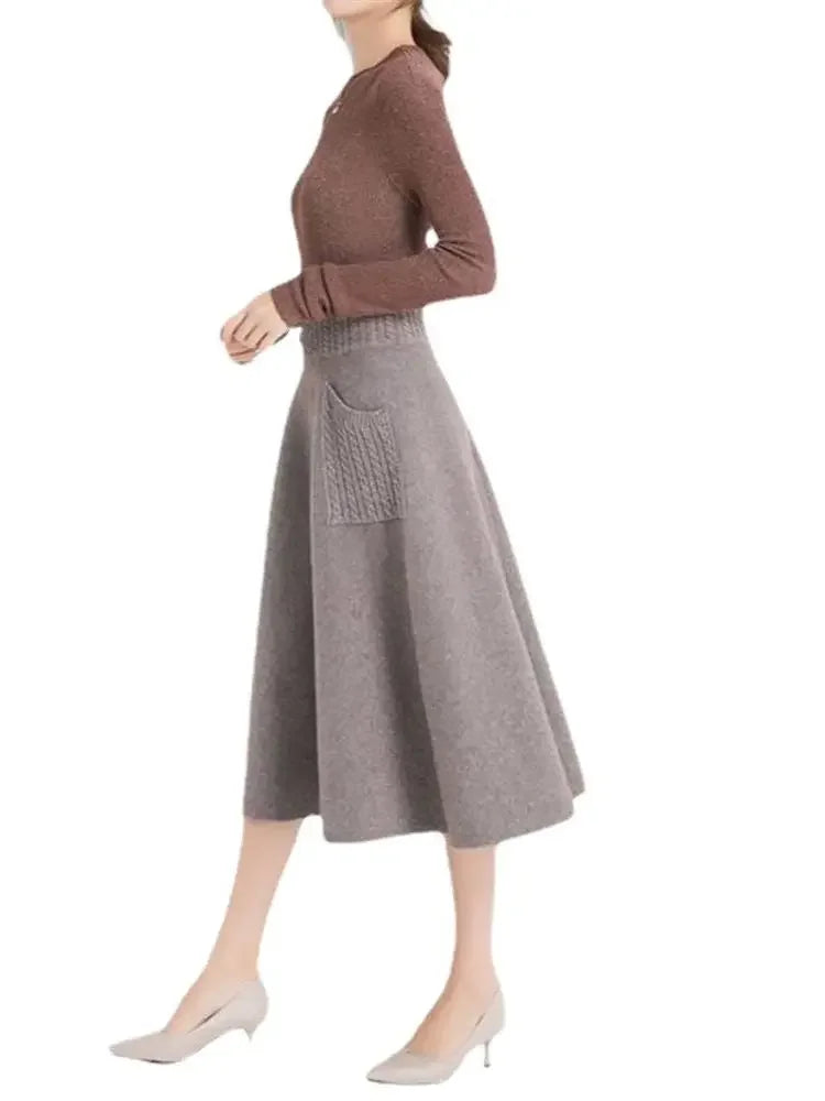 Women's High Waist Wool Knit Skirt - Warm Winter Long Skirt with Pockets, Loose Fit Mid-Calf Length Solid Color (B790) | Perfect for Office Wear, Casual Outfits & Holiday Season