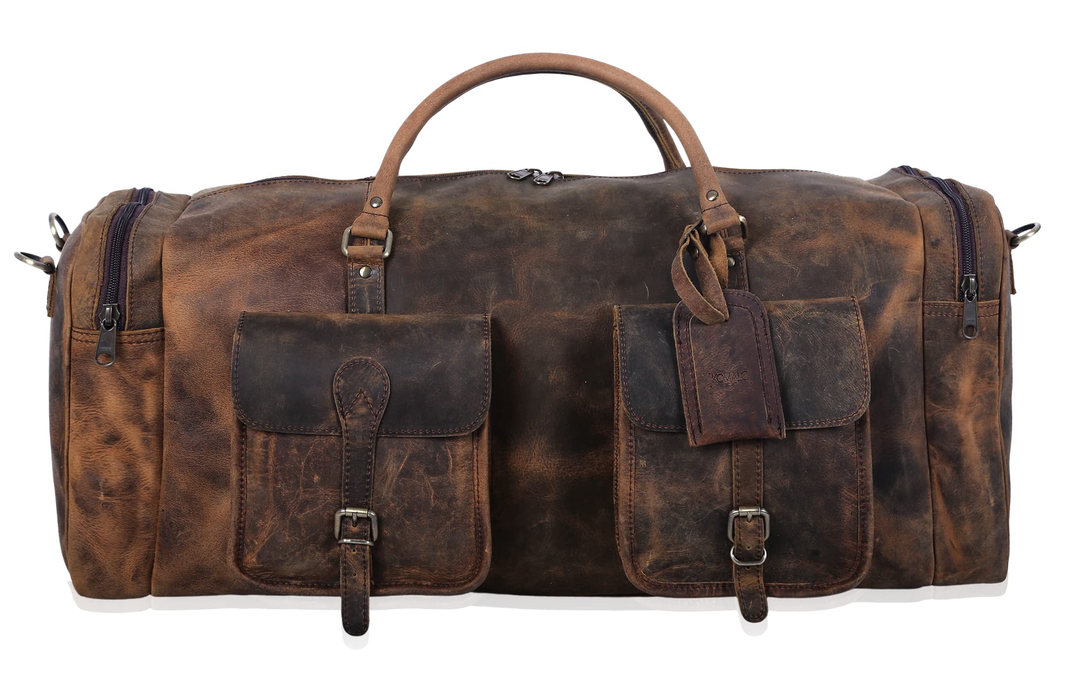 KomalC 28 Inch Distressed Brown Leather Duffle Bag - Large Travel Gym Sports Overnight Weekender Carry On Bag for Men & Women - Perfect for Gym, Sports, Travel & Cabin Luggage
