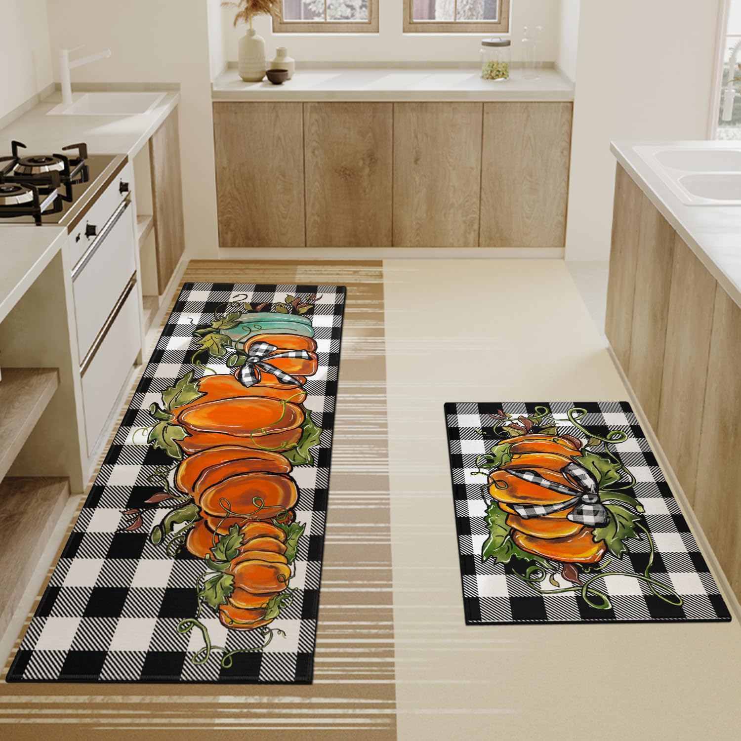 Faptoena Fall Pumpkin Kitchen Rugs Set of 2 - Non-Slip Washable Buffalo Plaid Thanksgiving Mats for Farmhouse Decor (17x47 + 17x30) - Perfect for Autumn Kitchen Flooring and Cozy Home Decorations