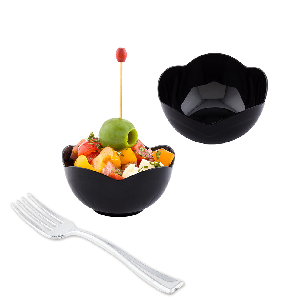 100-Pack 2 oz Round Black Plastic Le Fleur Cups with 100 Silver Mini Forks - Perfect for Wedding Favors, Party Decor, and Dessert Serving