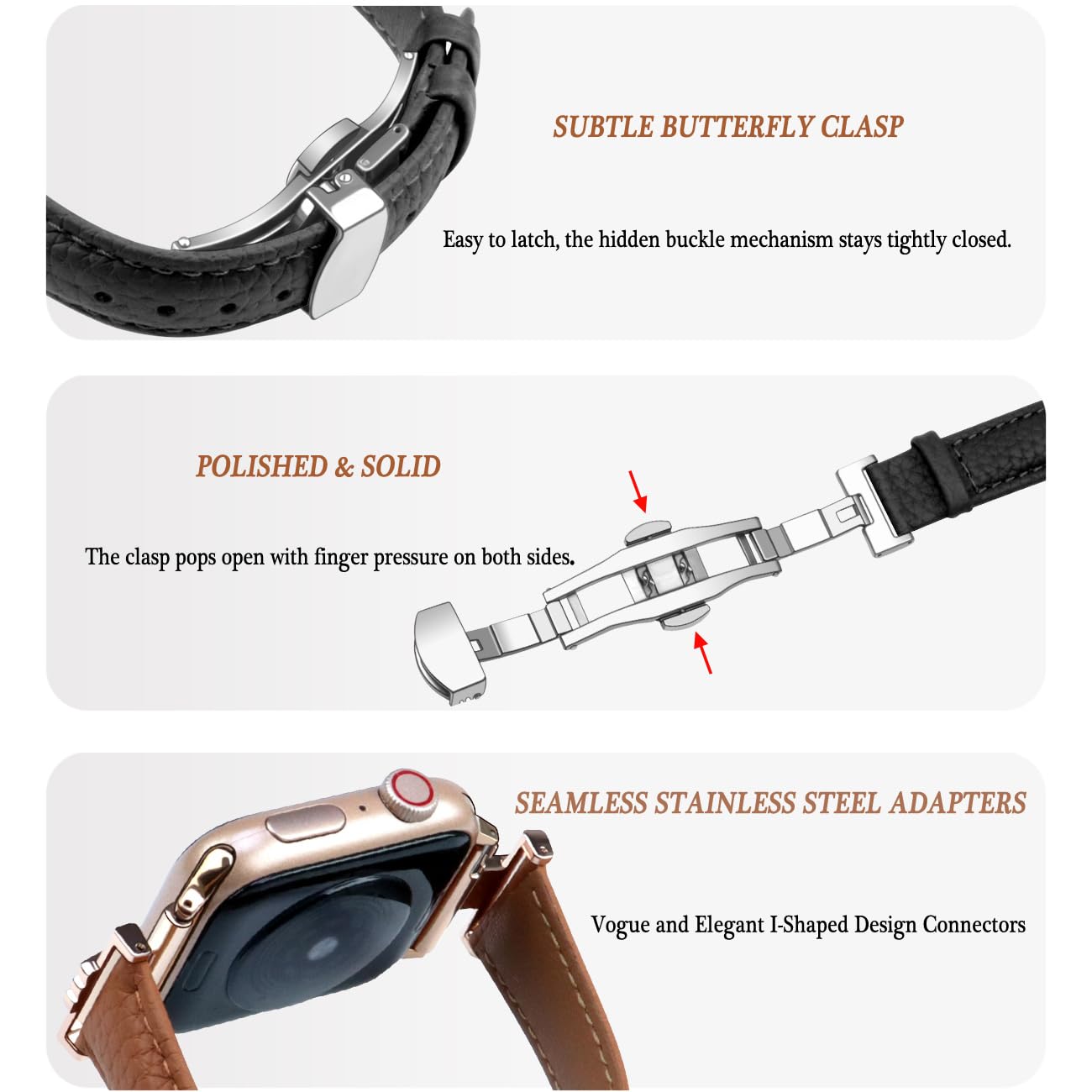 Premium Genuine Leather Watch Band with Butterfly Clasp for Apple Watch Series 1-9 (38mm/40mm/41mm/42mm/44mm/45mm/49mm) - Stylish I-Shaped Strap with Polished Metal Buckle - Perfect for Women's Fashion Accessories, Office Wear & Everyday Use