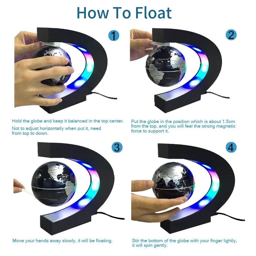 Estefanlo Magnetic Levitation Floating Globe with LED Lights - C-Shaped Base, World Map Design for Home & Office Desk Decor (Black-Silver) | Perfect Gift for Geography Lovers & Modern Interior Design