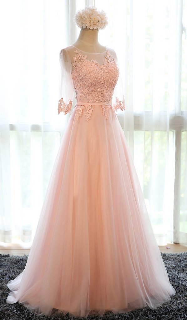 Elegant Women's Half Sleeves Lace Applique Tulle Long Formal Evening Dress for Prom, Wedding, Gala & Special Occasions