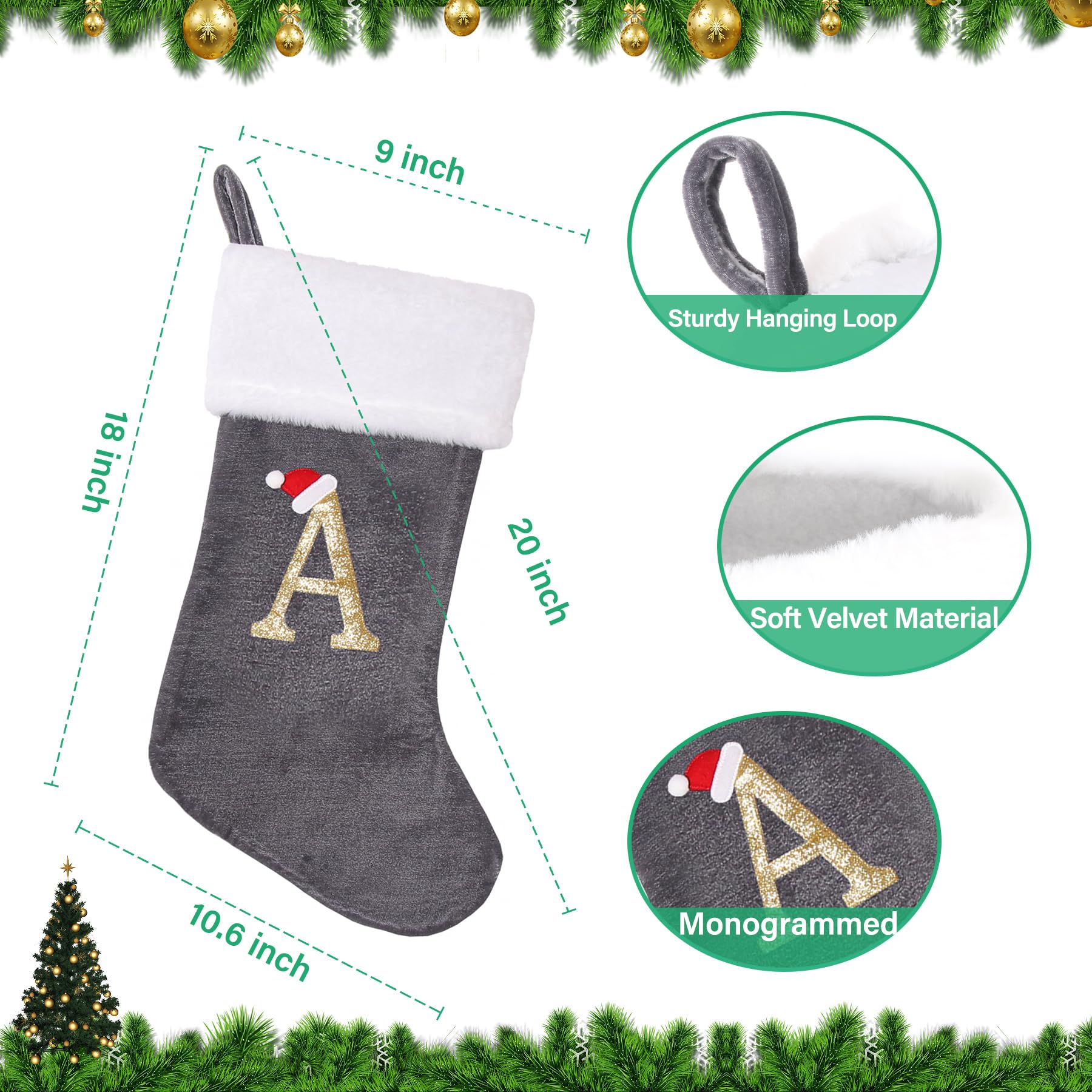 20 Inch Personalized Monogram Christmas Stockings - Large Grey Velvet with White Plush Cuff - Custom Holiday Stockings for Fireplace, Xmas Tree Decor & Festive Gift Giving