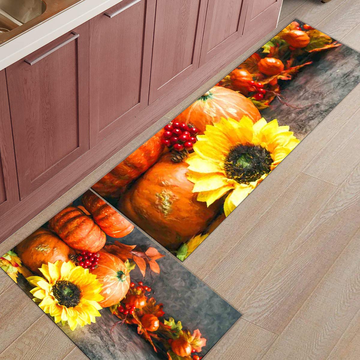 Fall Style Non-Slip Kitchen Rug Set - 2 Piece Washable Pumpkin & Sunflower Floor Mats, Durable Doormat Runner Carpet for Kitchen, Entryway, and Dining Area