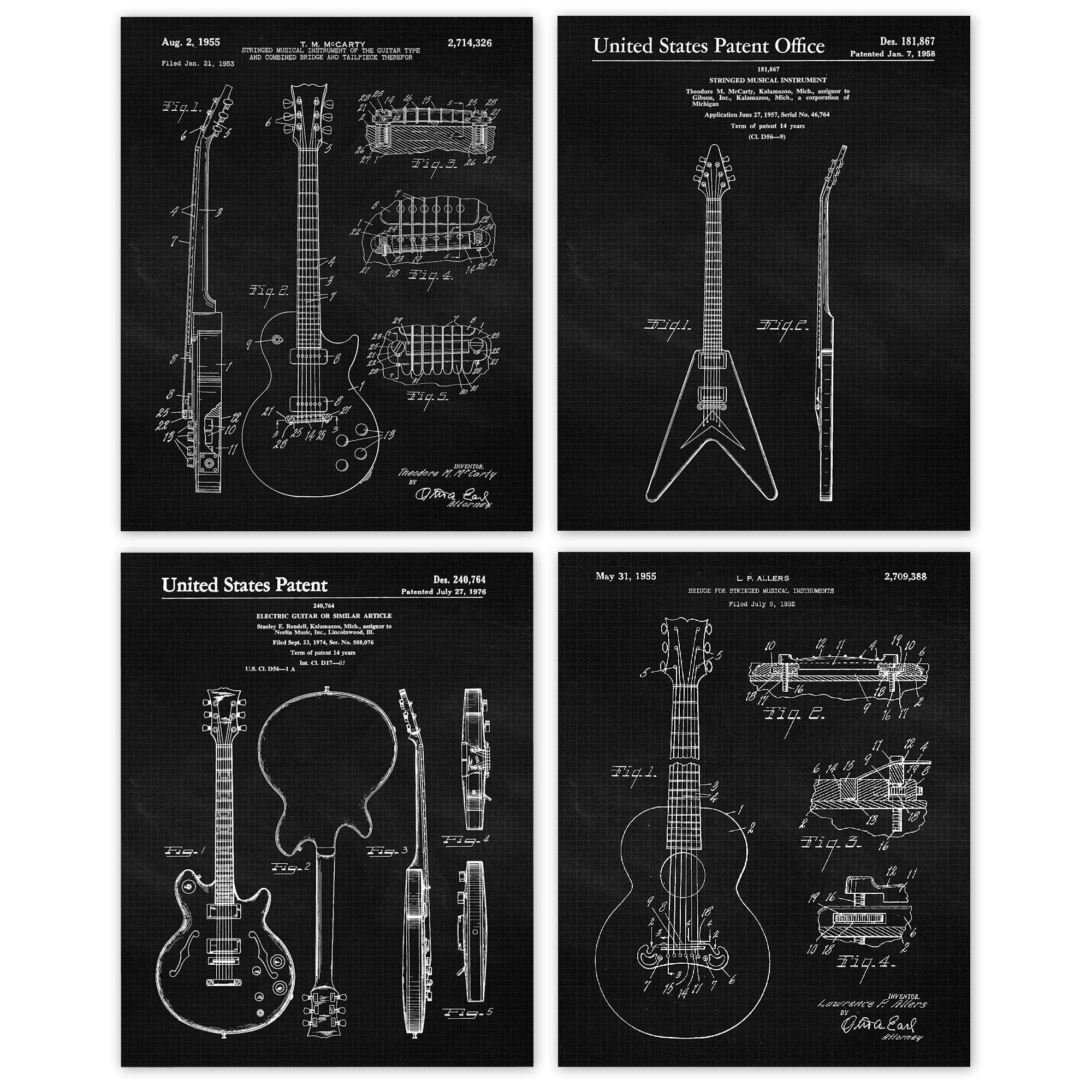 Vintage Guitar Strings Patent Art Prints - Set of 4 (8x10 Inches) Unframed Wall Decor for Music Lovers | Perfect for Home, Office, Man Cave, Garage & Music Room | Unique Gift for Musicians, Teachers & Rock Fans