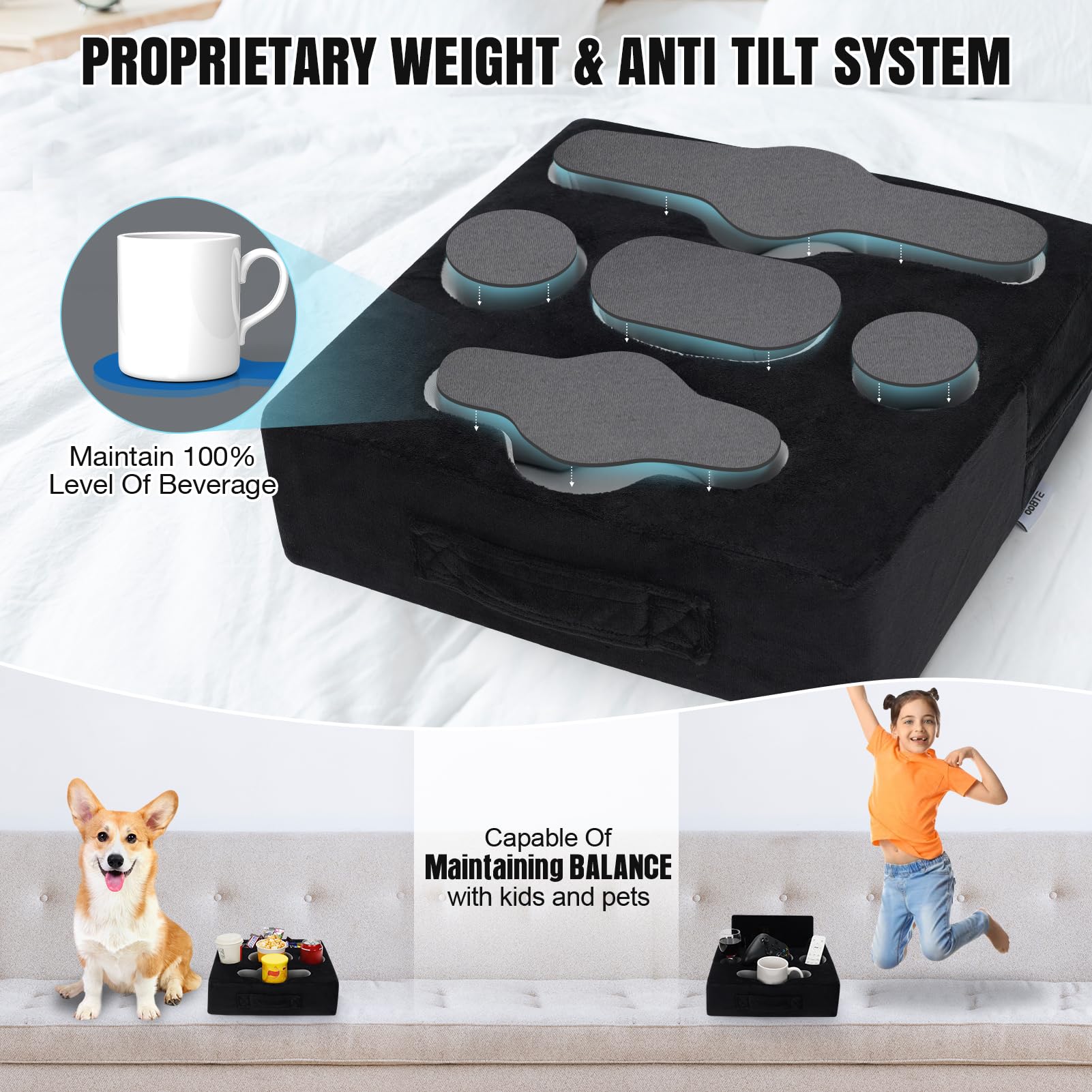 STBoo Couch Cup Holder Pillow Tray - Sofa Drink Holder with Snack & Phone Organizer | Portable Multi-Use Bed Caddy for Remote, Beverage, Tablet | Perfect for Car, Beach, RV, Boat, Bedroom & Outdoor Activities (Black)