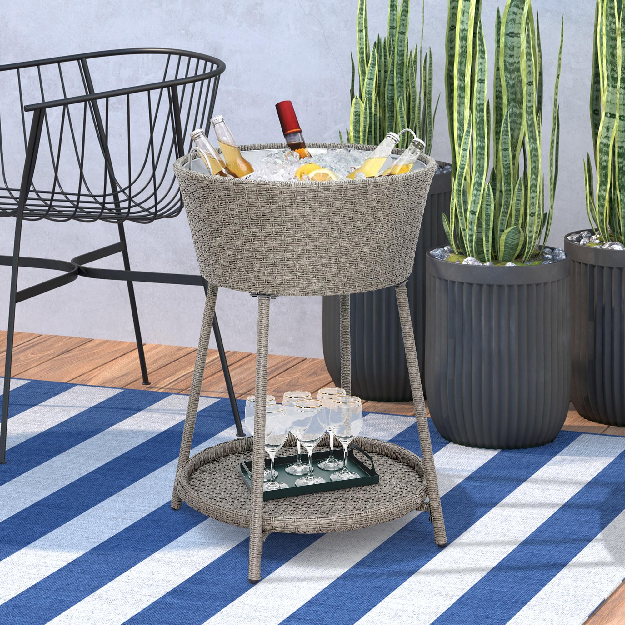 MAYPEX Outdoor Patio Wicker Ice Cooler with Removable Tray & Bucket - Grey | Insulated Picnic Basket for Beach, Camping, BBQ & Tailgating Parties