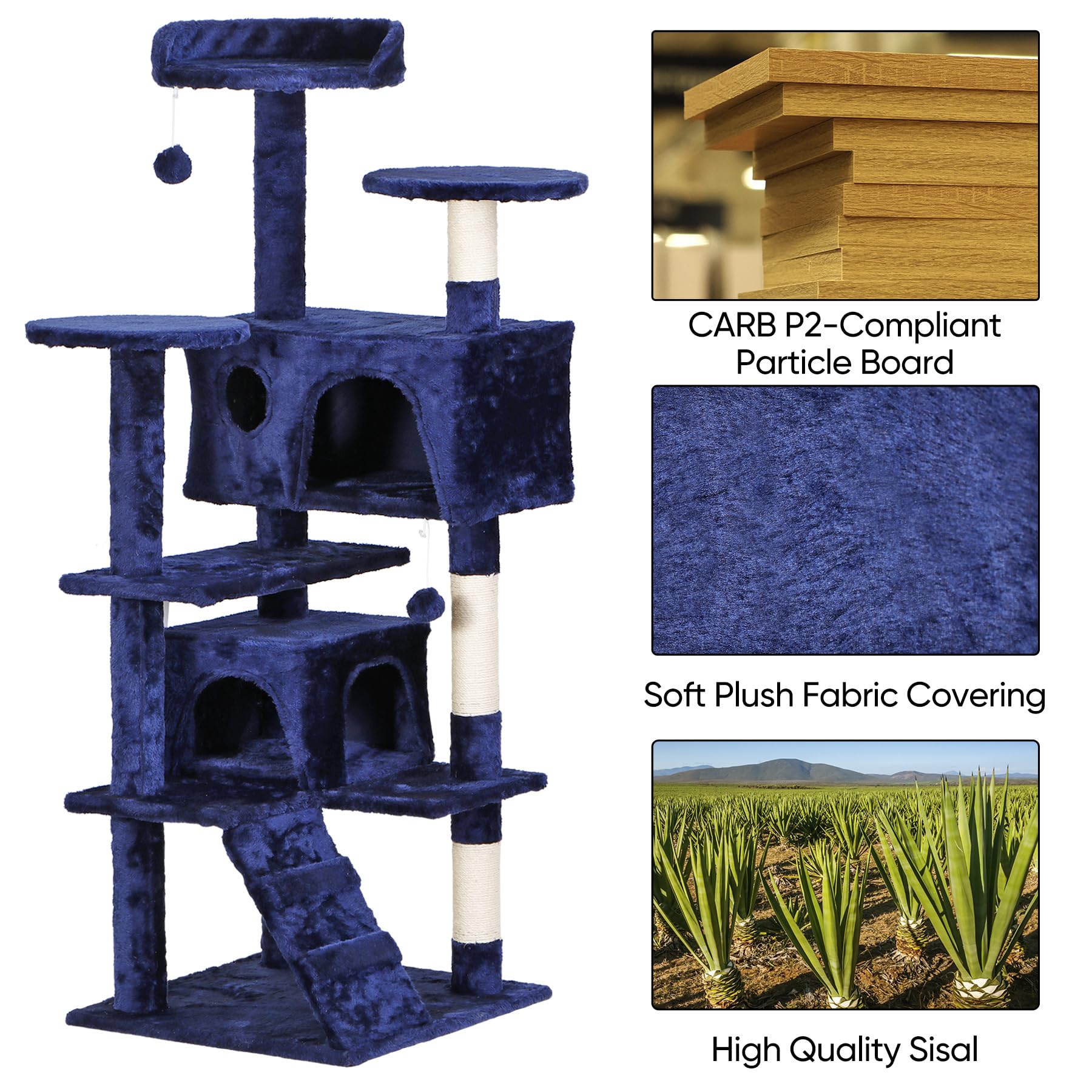 54-Inch Multi-Level Cat Tree with Scratching Posts - Large Kitten Condo Tower, Play House & Climbing Furniture for Indoor Cats - Perfect for Playtime, Scratching & Napping in Living Rooms & Bedrooms