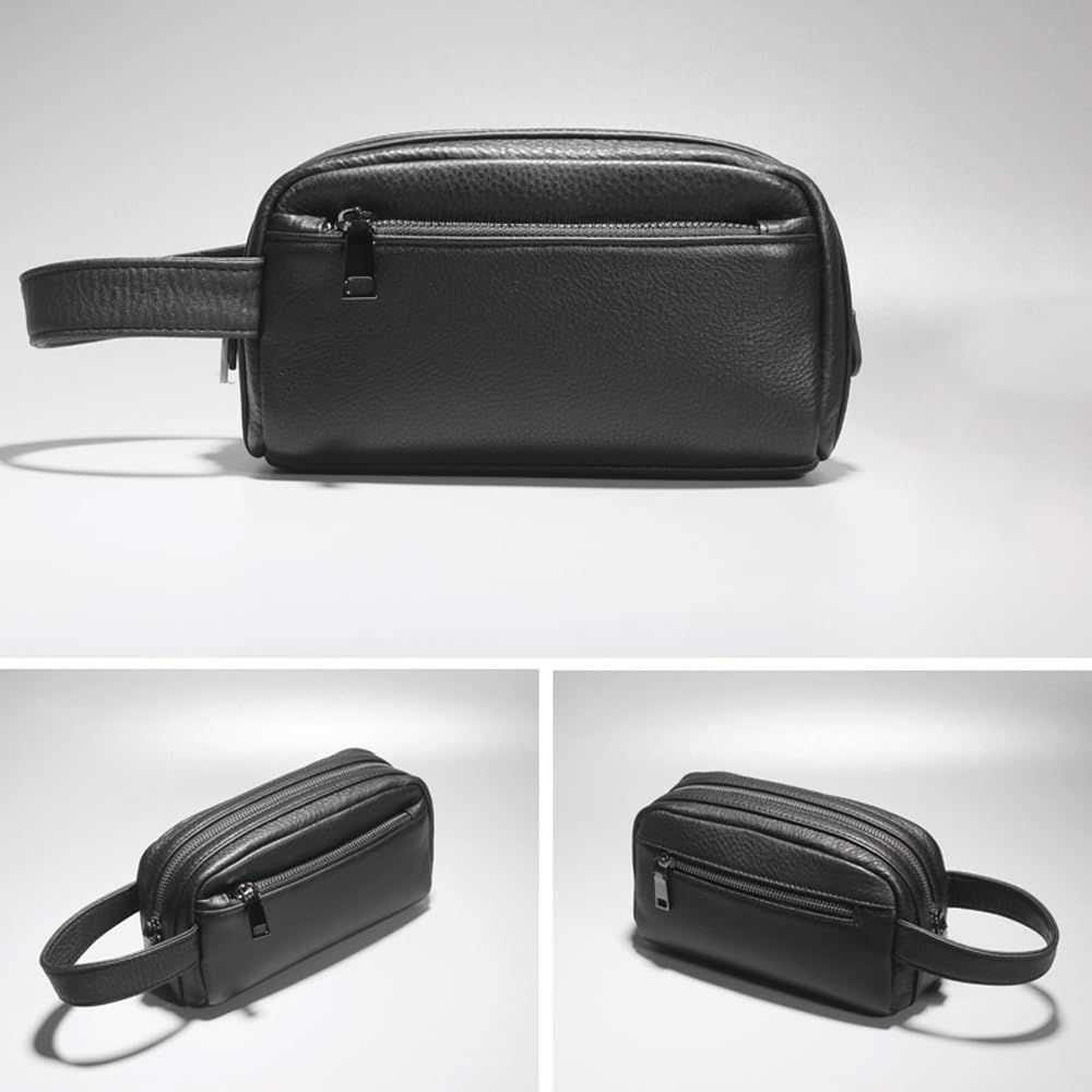 Premium Men's Leather Toiletry Bag - Large Waterproof Travel Dopp Kit for Shaving, Grooming & Toiletries Accessories | Lightweight Durable Organizer for Business Trips, Camping & Vacation | Black