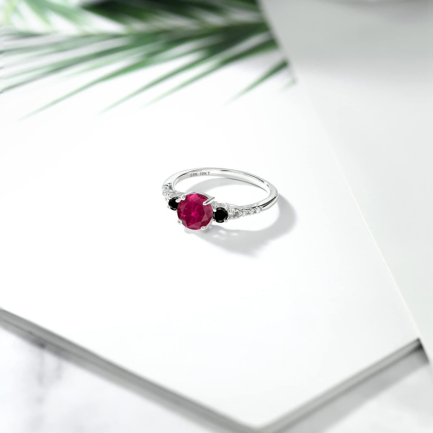 10K White Gold Red Created Ruby & Black Diamond 3-Stone Engagement Ring for Women | 1.18 CTTW | Wedding Anniversary Jewelry Gift | Perfect for Proposals, Bridal Sets & Special Occasions