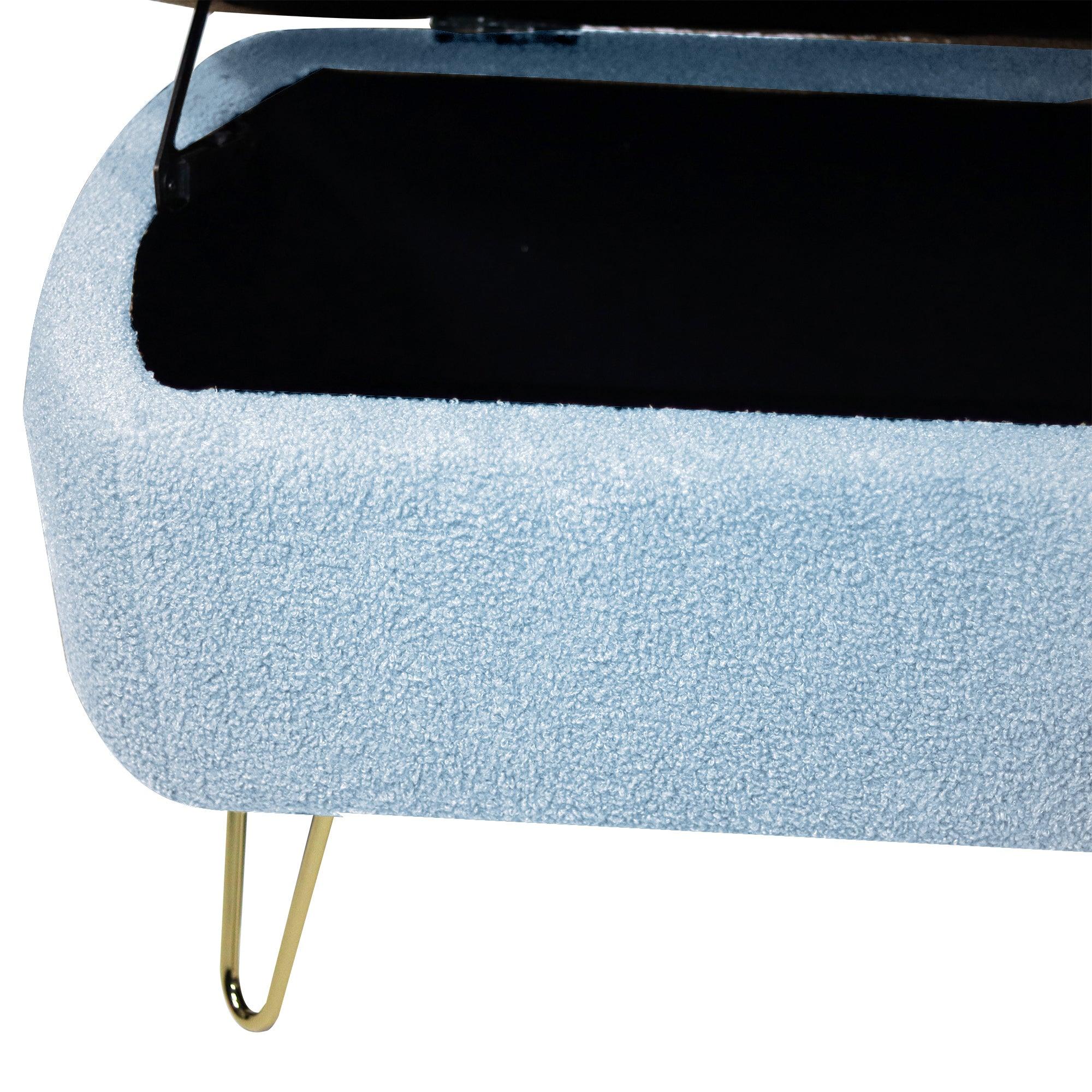 Modern Blue Storage Ottoman Bench with Gold Legs & Grey Faux Fur Upholstery - Padded Seat with Hidden Storage for Bedroom, Living Room & Entryway | Perfect for Extra Seating, Footrest & Home Organization