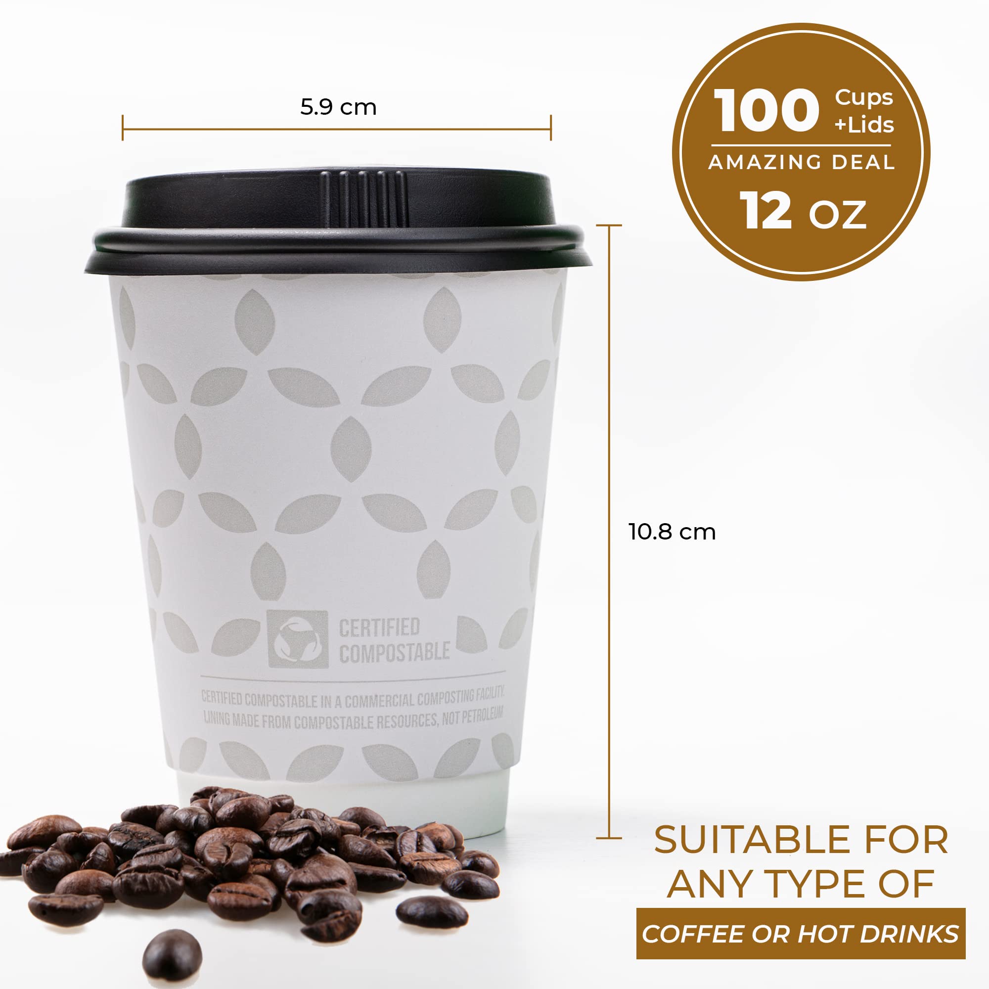 100 Sets - 12 oz Compostable Coffee Cups with Lids | Double Wall Disposable Hot Cups | Eco-Friendly, Leak Proof & Durable | Made from Plant-Based Materials | Perfect for Coffee Shops, Offices & Outdoor Events