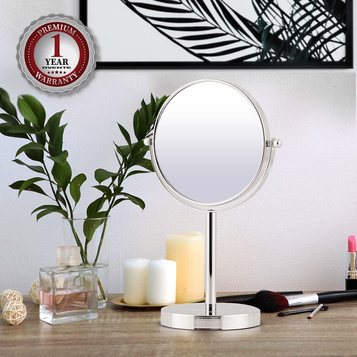 OVENTE 6-Inch Double-Sided Vanity Mirror with 1X/7X Magnification - 360° Swivel Stand, Polished Chrome Finish - Perfect for Makeup Application, Grooming & Skincare - Ideal for Bedroom Dresser, Bathroom Vanity & Office Desk