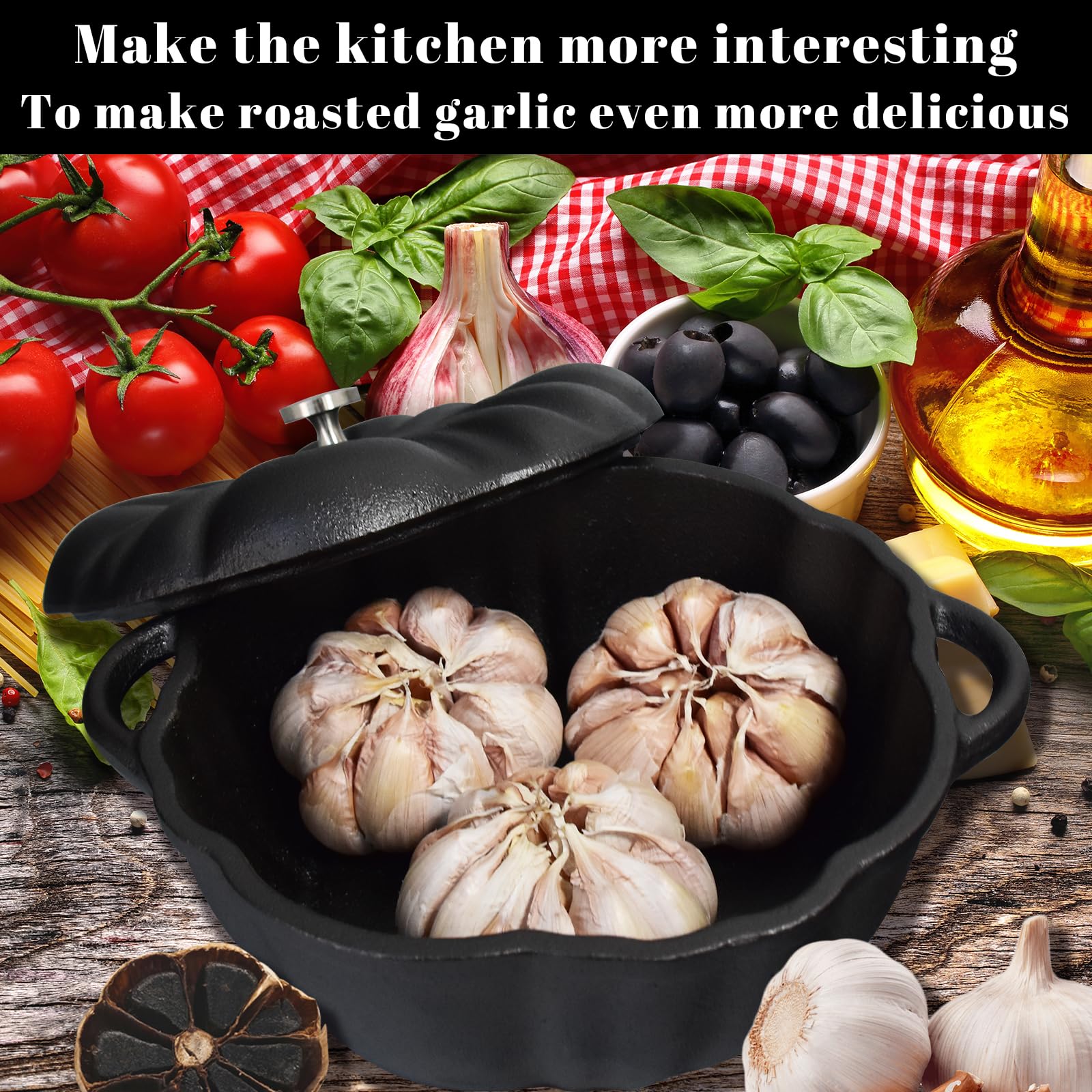 Cast Iron Garlic Roaster for Kitchen, Oven, Grill - Indoor & Outdoor Garlic Baker Tool for BBQ, Picnic, Camping, Patio & Backyard Cooking - Perfect for Roasting Garlic Cloves with Olive Oil
