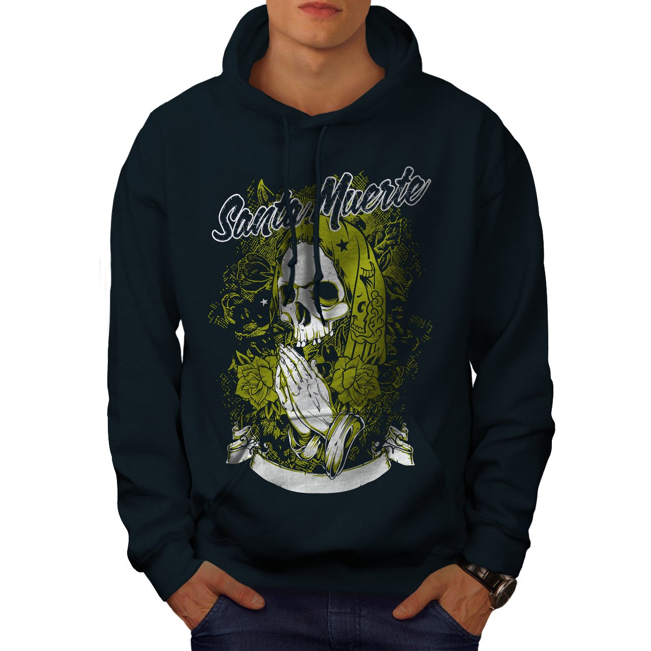 Wellcoda Santa Muerte Skull Men's Hoodie - Gothic Death Design Pullover Sweatshirt for Streetwear, Halloween Costume & Gothic Fashion