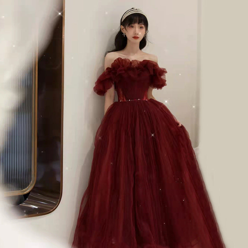 Elegant Burgundy One Shoulder Long Prom Dress with Tulle Skirt - Formal Evening Gown for Homecoming, Wedding & Special Occasions - Size 10
