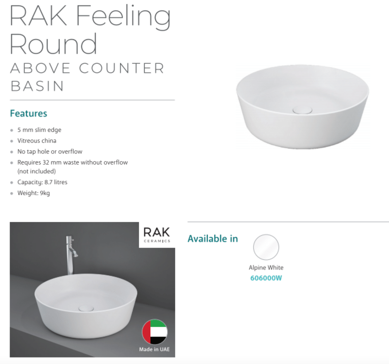 Fienza 606000W White Round Above Counter RAK Basin - Modern Moon Design for Bathroom Sink, Kitchen Prep, or Laundry Room Utility