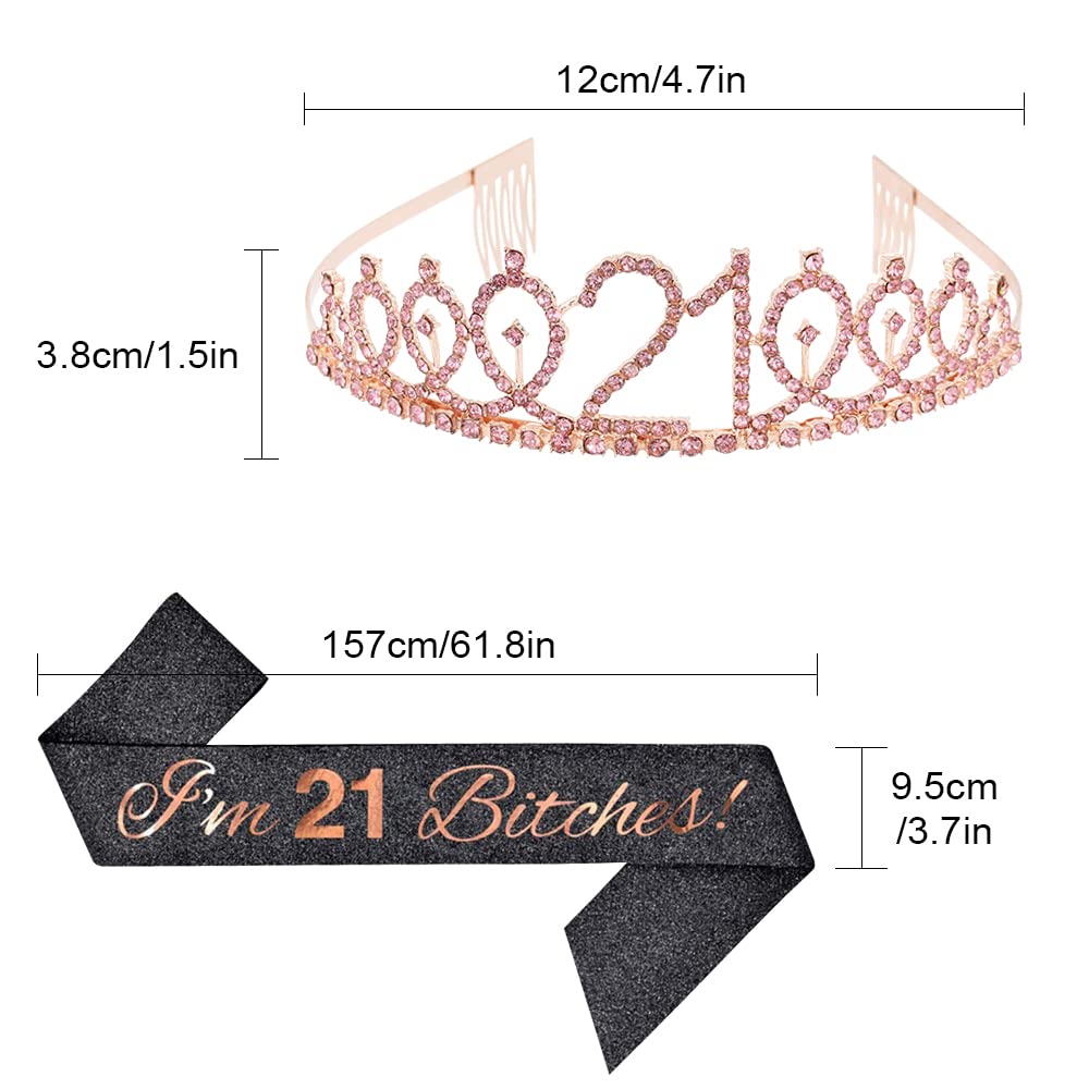 21st Birthday Sash & Crown Set - Rhinestone Tiara for Women | Funny 21st Birthday Party Favors & Supplies (Black Glitter/Rose Gold) | Perfect for Birthday Celebrations, Bachelorette Parties & Girls Night Out