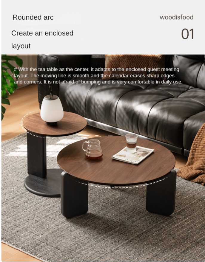 Solid Black Walnut Round Coffee Table - Italian Light Luxury Style for Living Room, Lounge & Office Decor